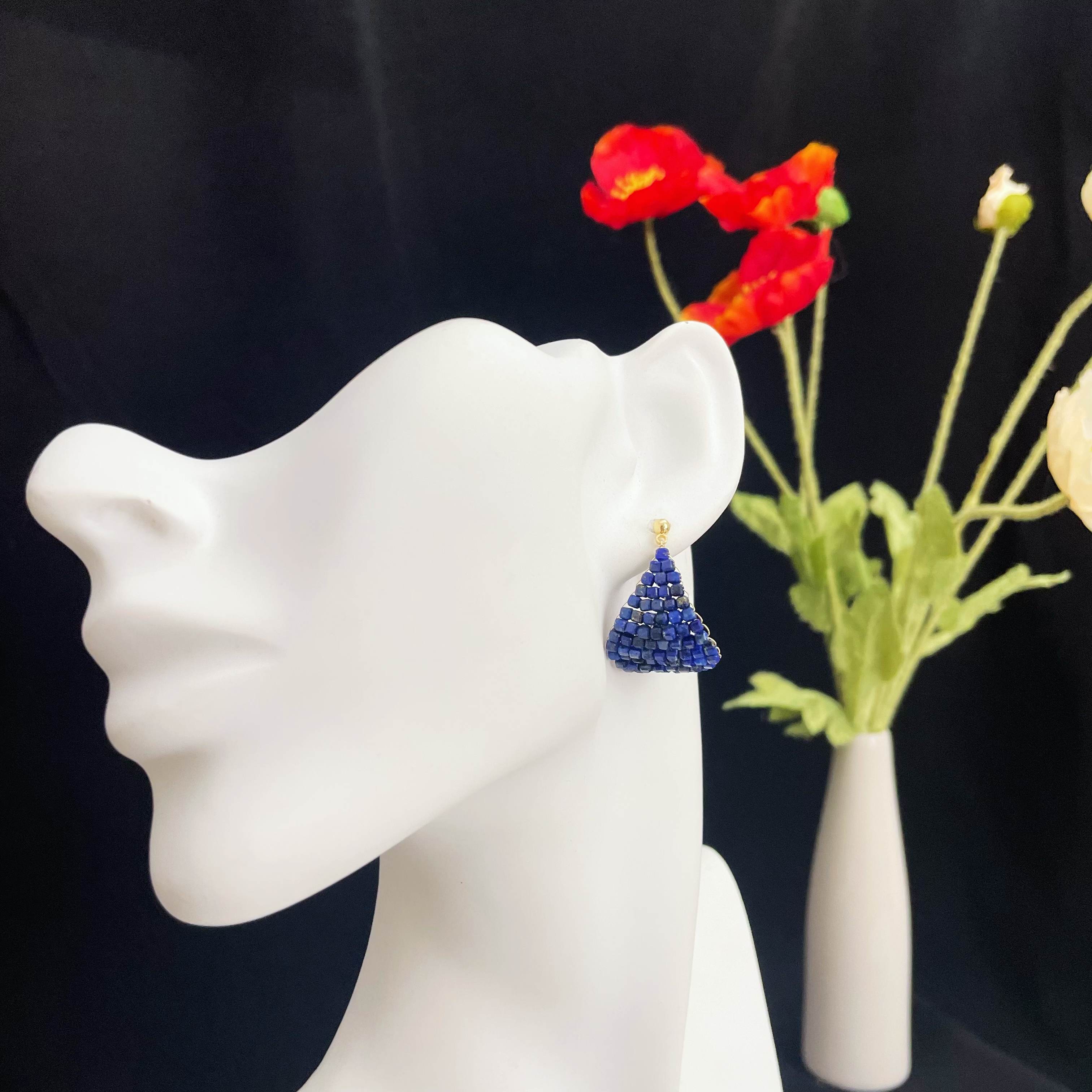 Woven Lapis Lazuli Earrings Dark Blue Boat in the Milky Way