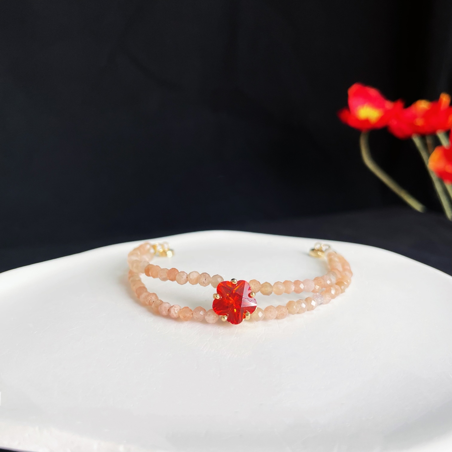 Elegant Double Line Gemstone Faced Beads Bracelet with Zircon Peach Blossom Charm