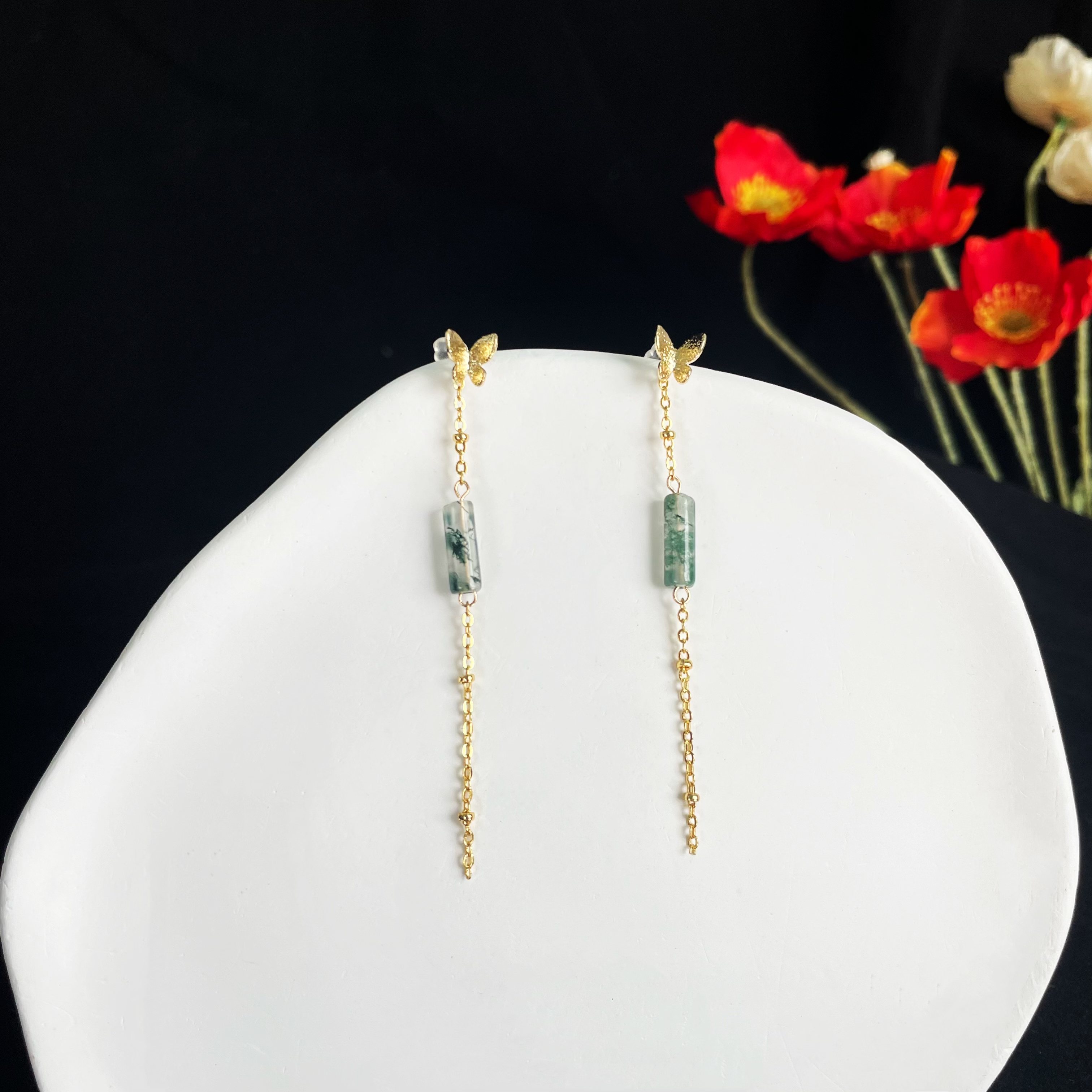 Exquisite Moss Agate Long Earrings with Gold Butterfly and Chain
