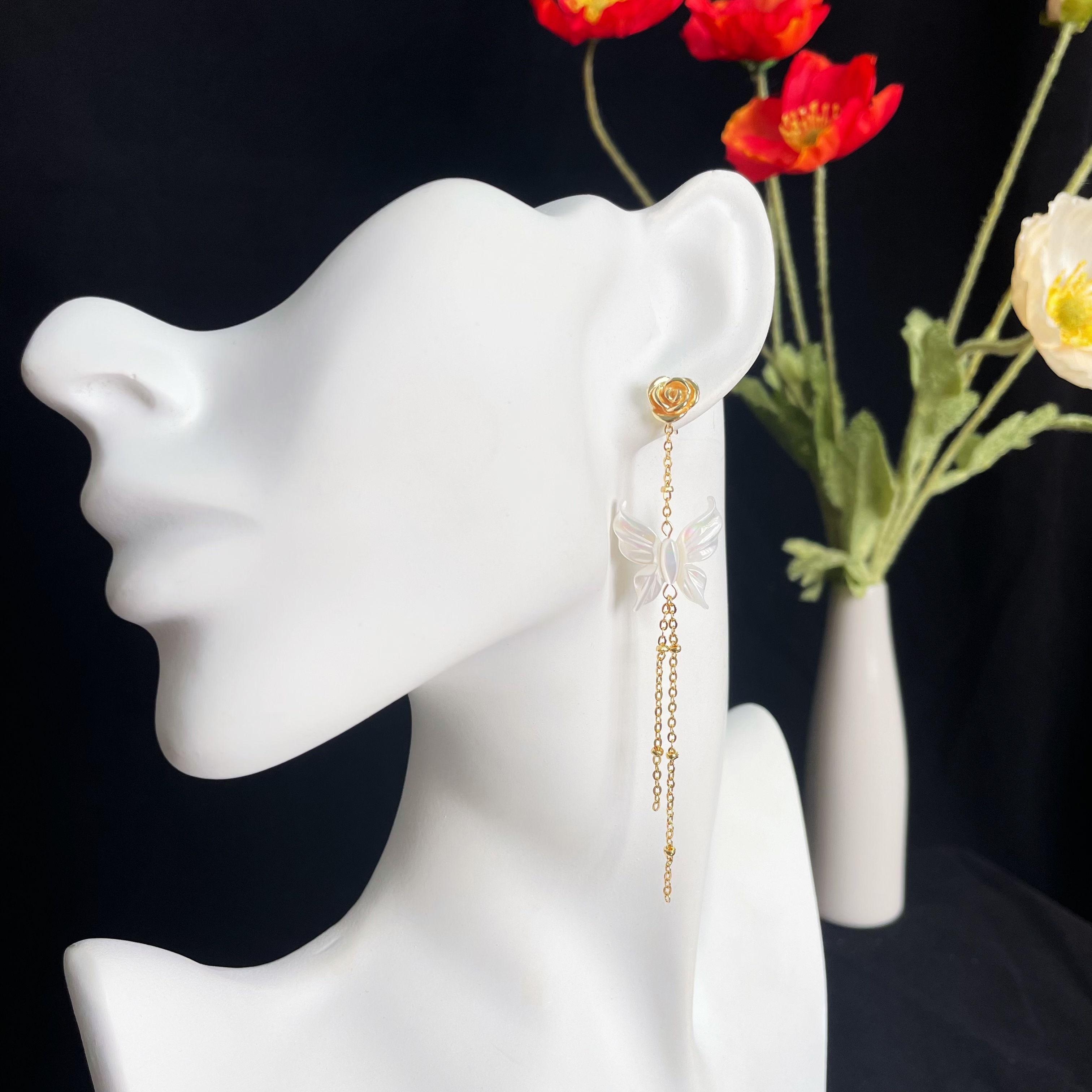 Elegant Mother-of-Pearl Butterfly Earrings with Gold Rose and Chain Tassel