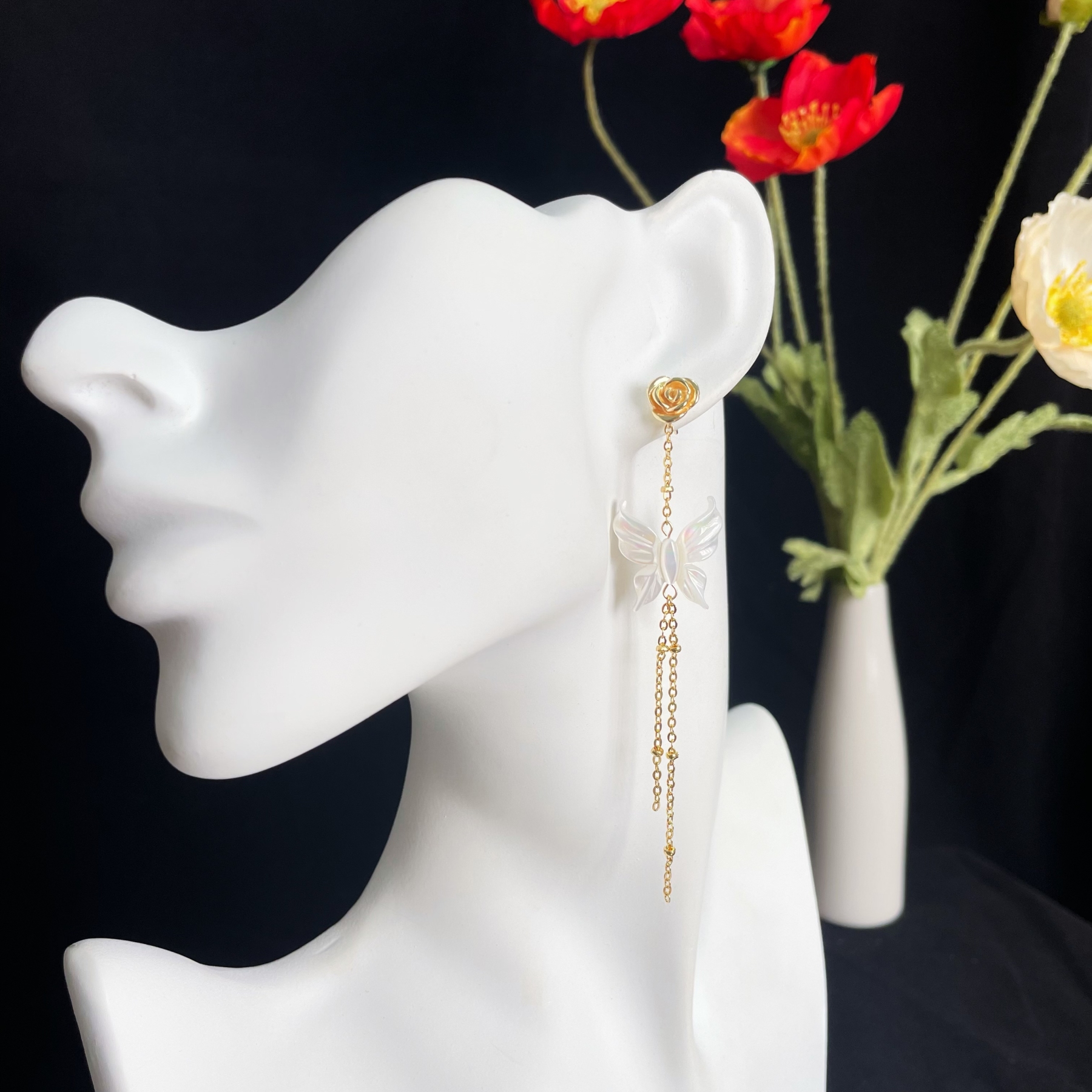 Elegant Mother-of-Pearl Butterfly Earrings with Gold Rose and Chain Tassel