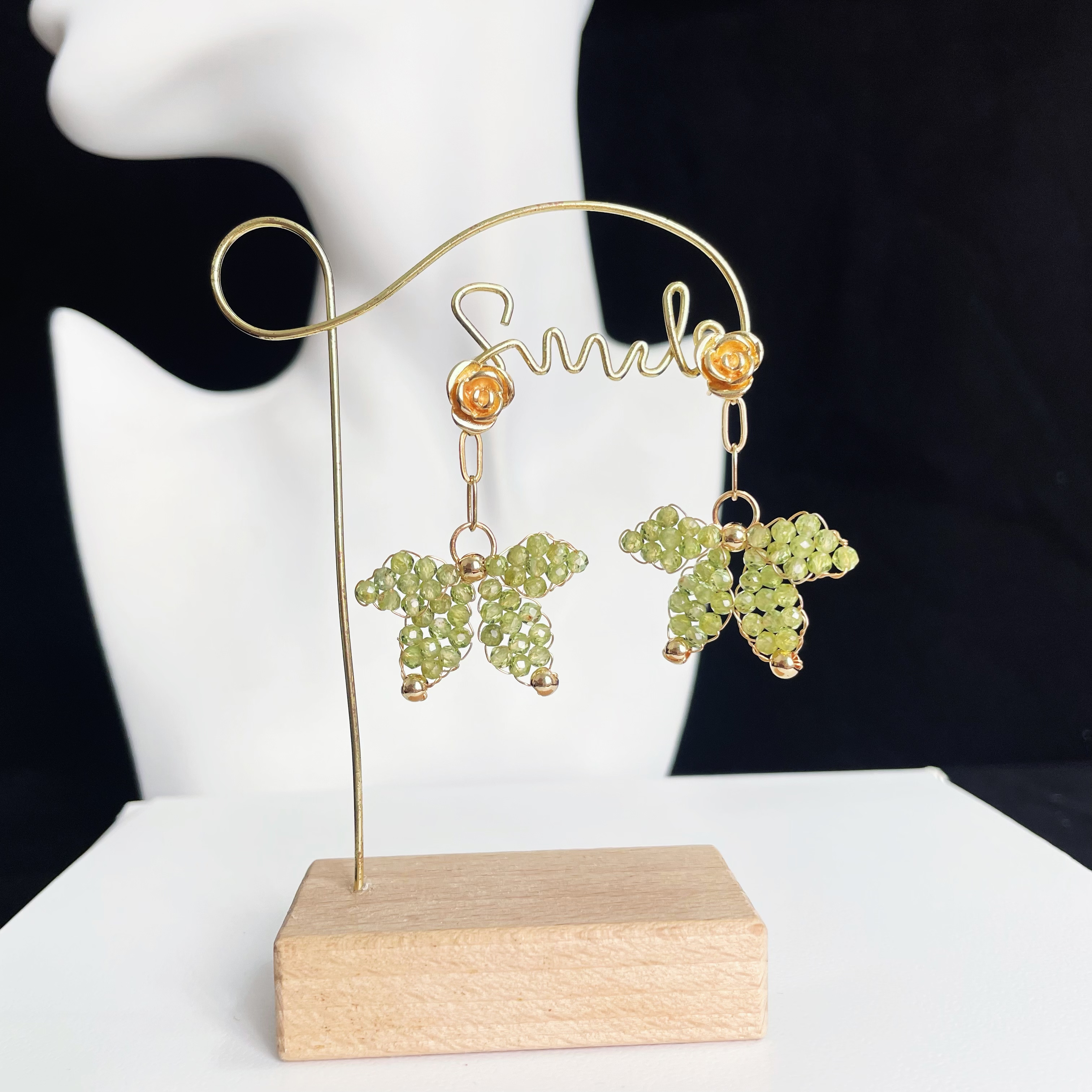 Stunning Peridot Butterfly Earrings with Gold Rose Drop Earrings
