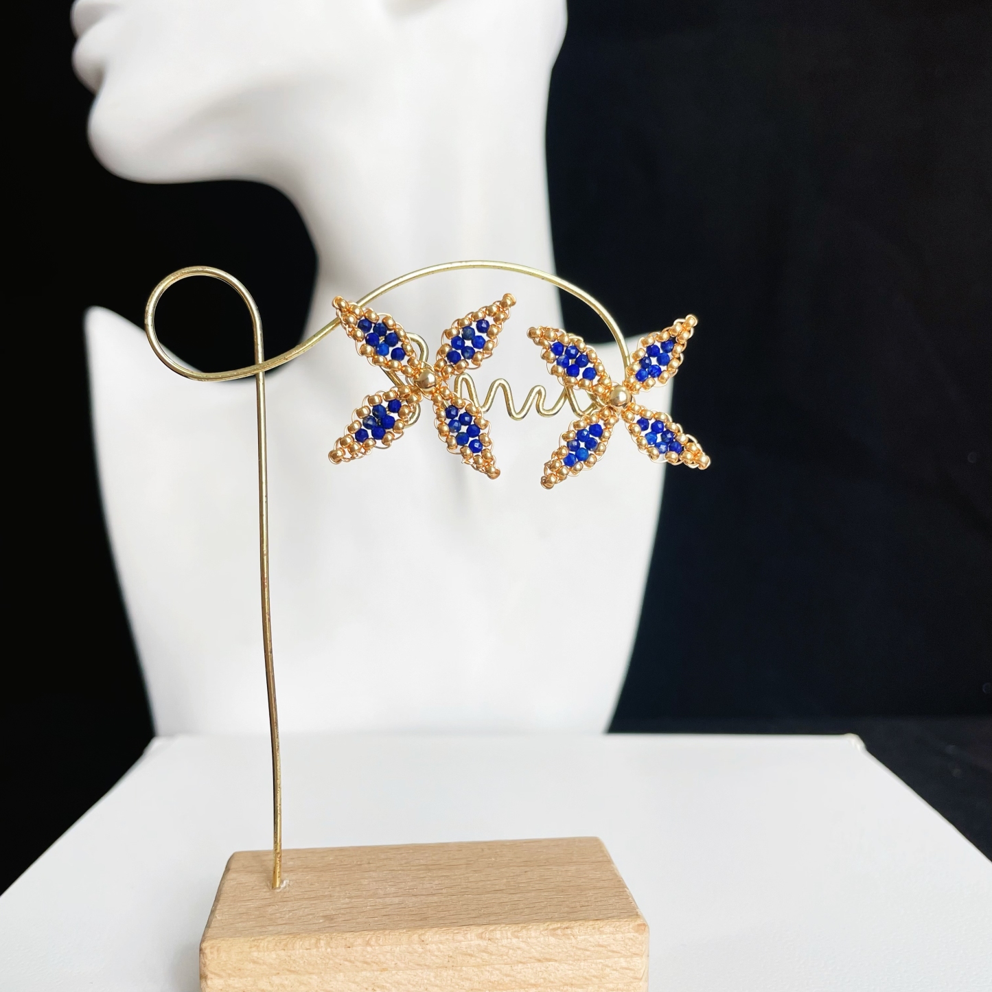 Blue and Gold Exquisite Lapis Lazuli Four Petals Flower Ear Studs 