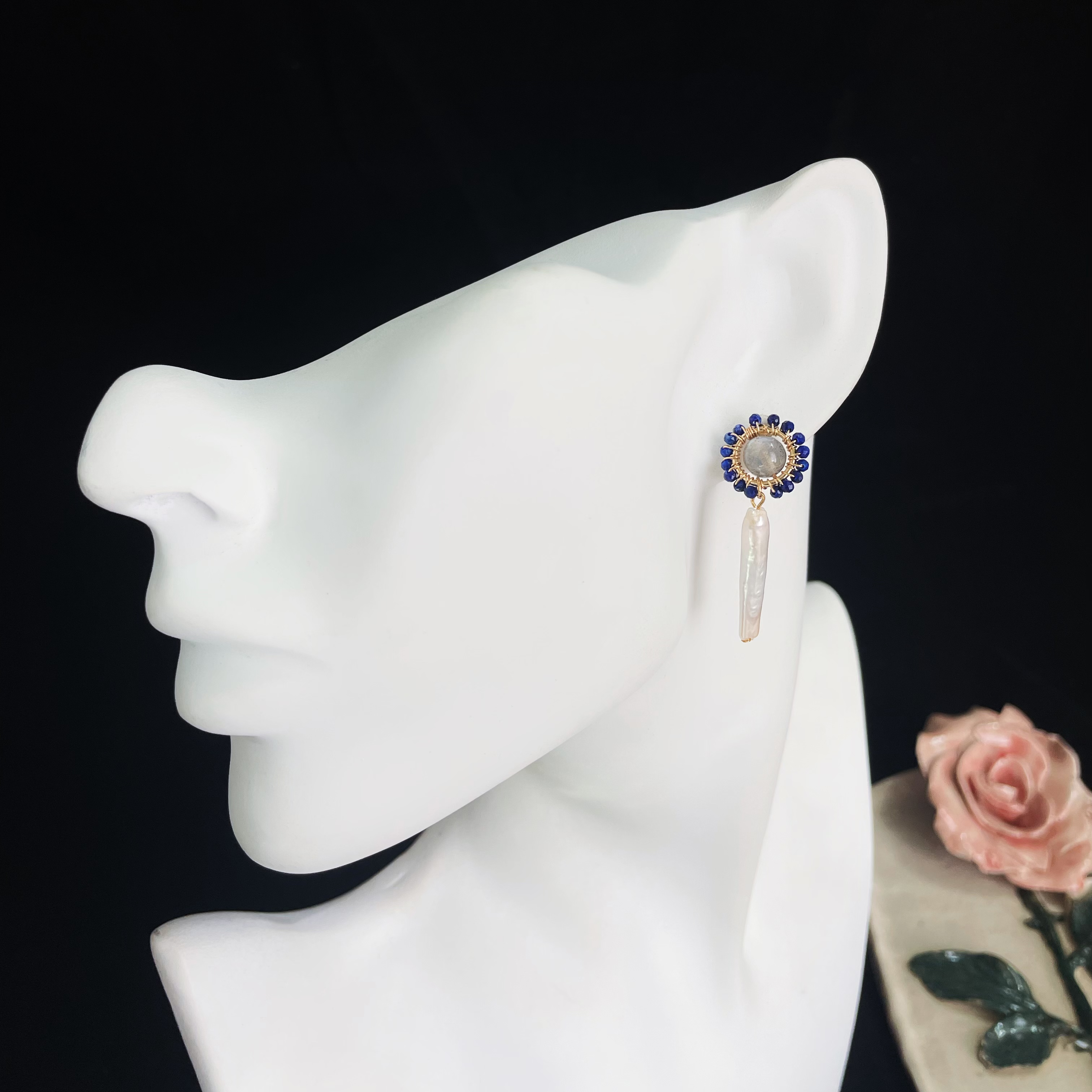 Blue Sunflower Earrings with Lapis Lazuli Petals Rainbow Labradorite Core and Baroque Pearl Stem