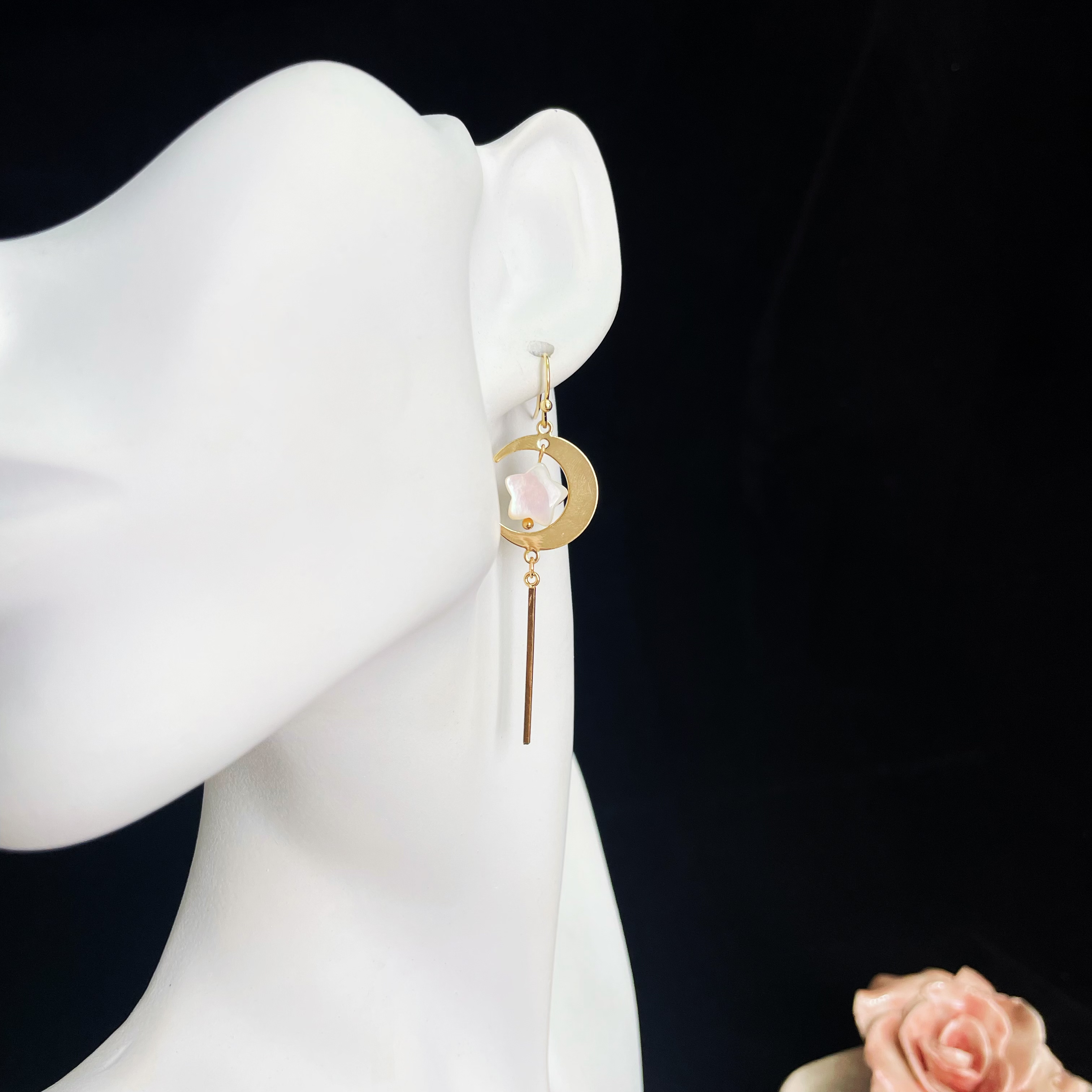 Moon and Star Earrings with Mother-of-Pearl Star