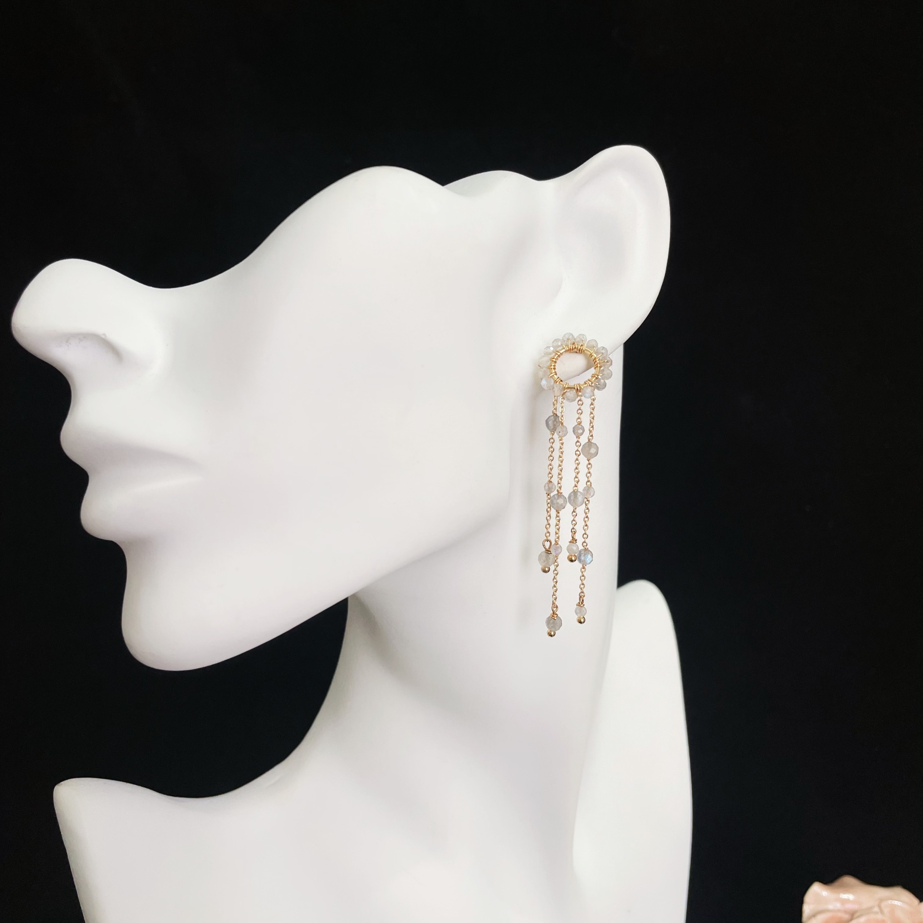 Labradorite Faceted Beads Woven Circle Earrings with Labradorite Chain Tassels