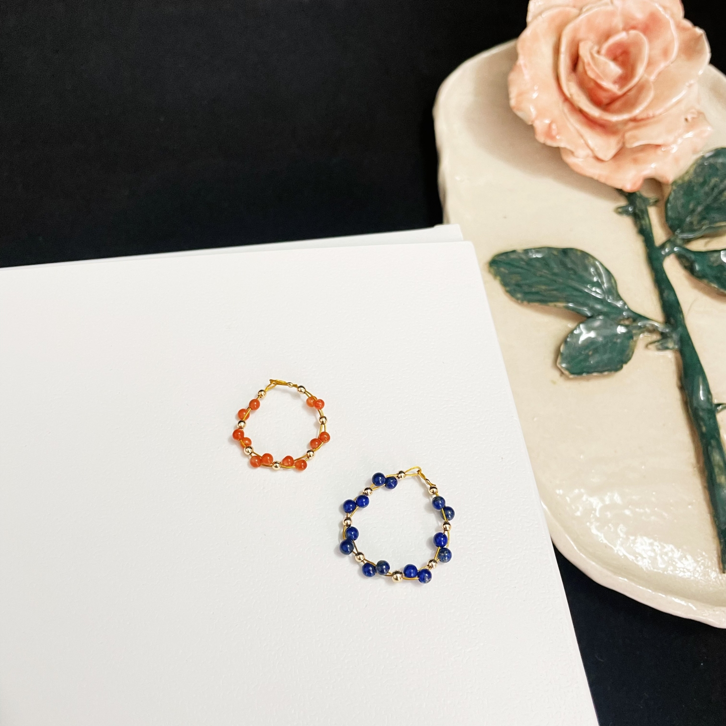 Woven Dual-Line Gemstone Ring Red Agate, Lapis Lazuli, and Rainbow Tourmaline