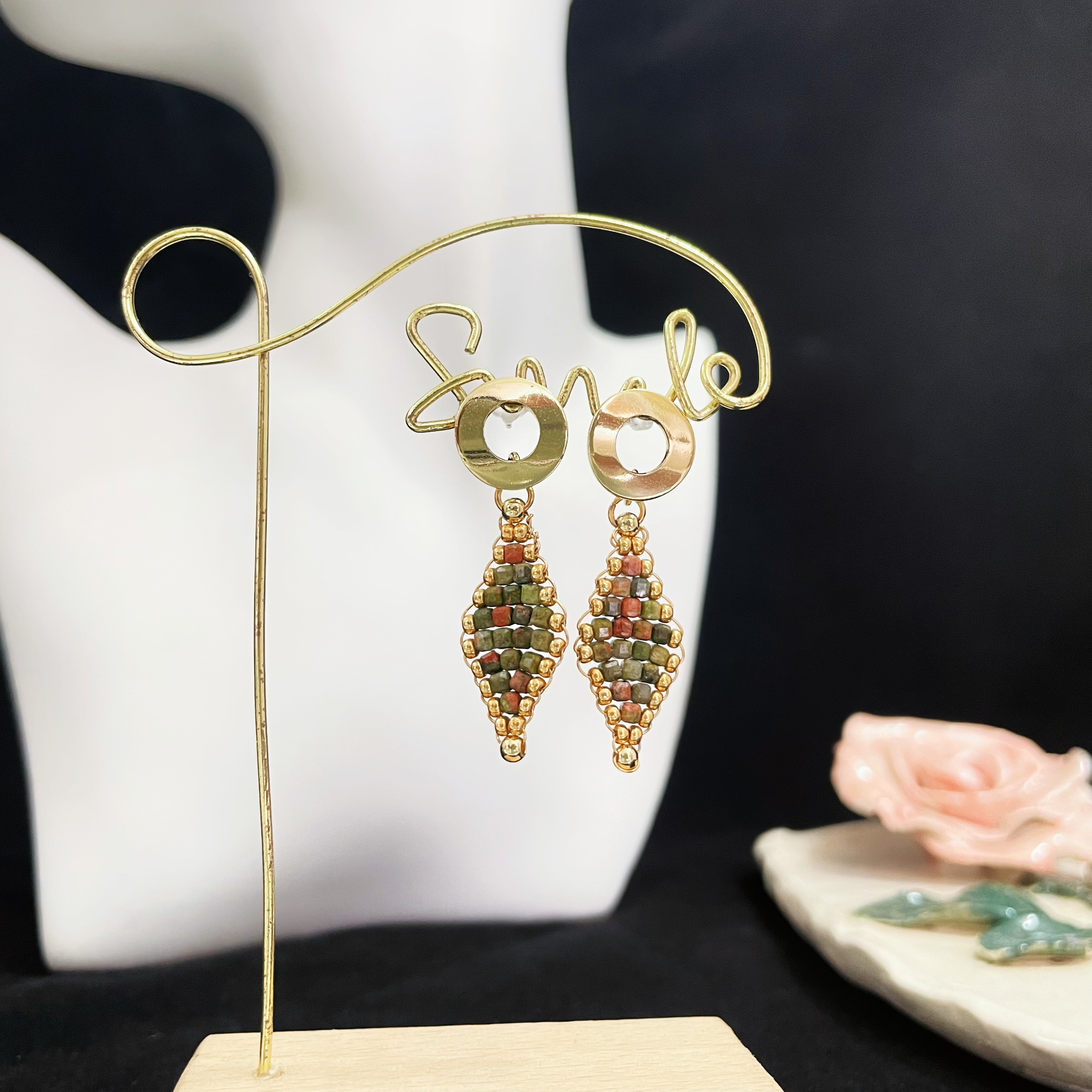 Unakite Cube Woven Rhomboid Design Beads Earrings