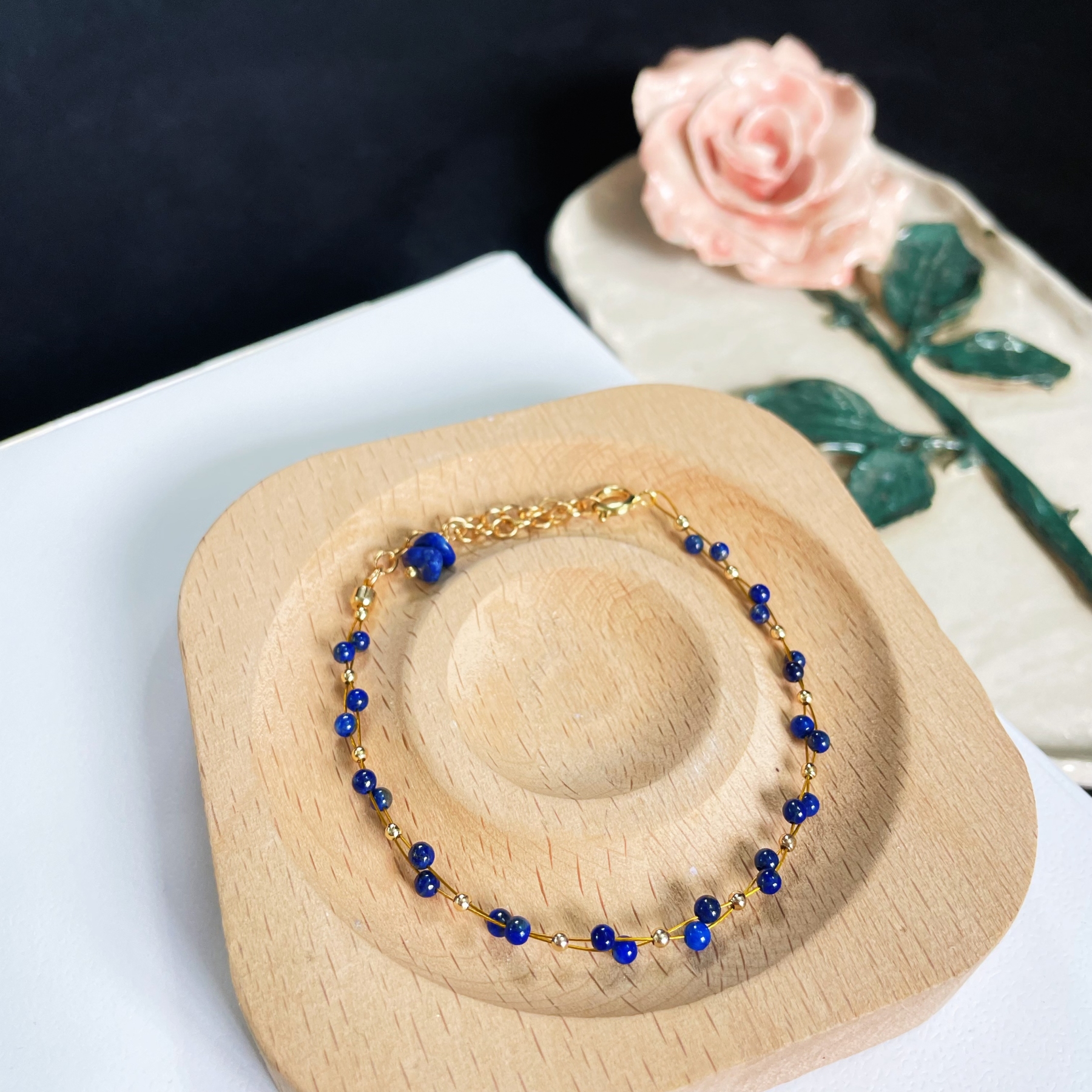 Woven Dual Line Lapis Lazuli Round Beads Bracelet 