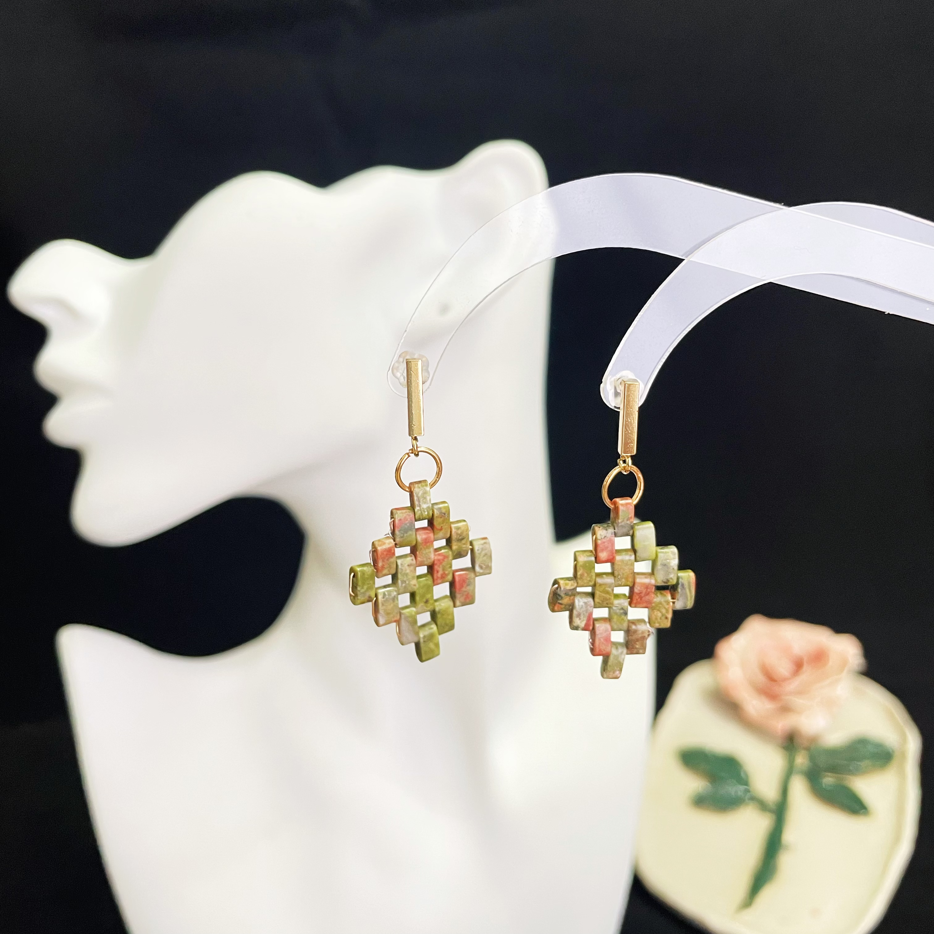 Handmade Unakite Rectangle Beads Woven Rhomboid Shaped Earrings