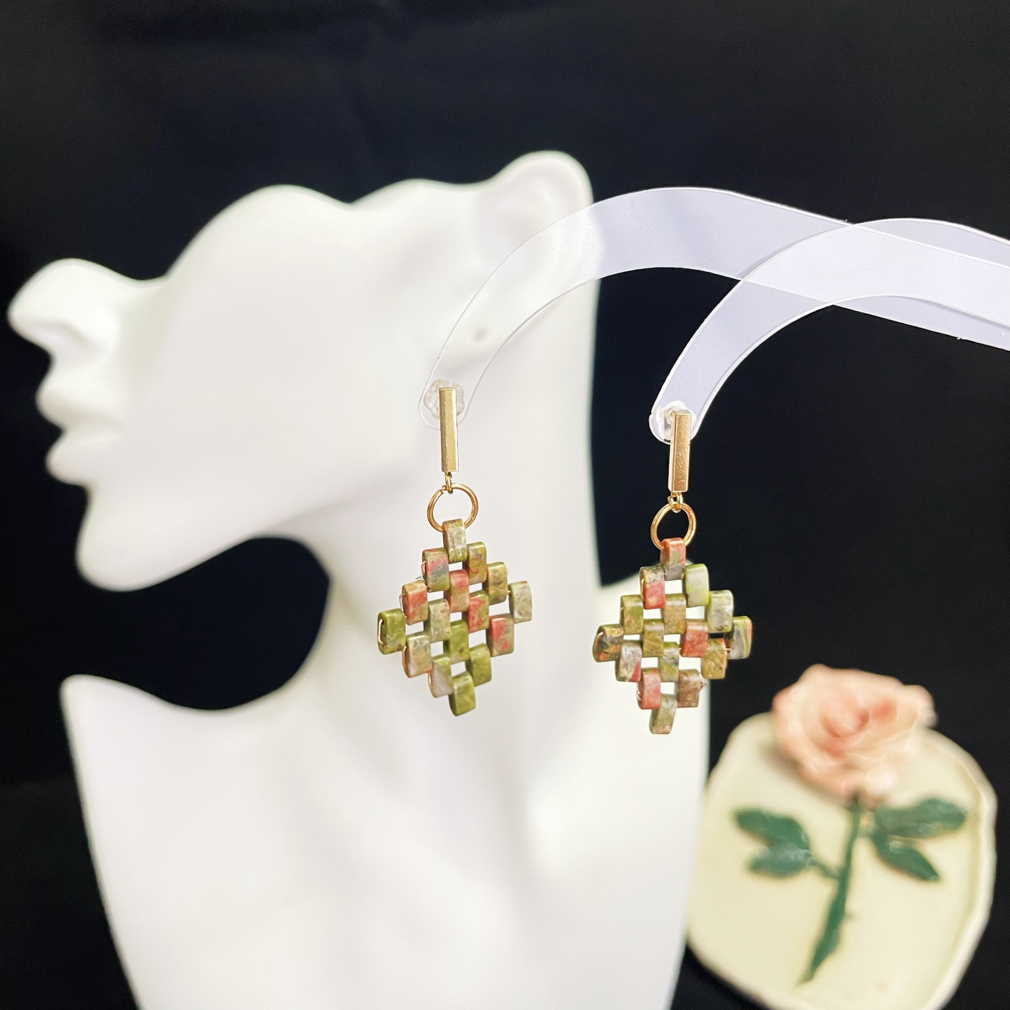 Handmade Unakite Rectangle Beads Woven Rhomboid Shaped Earrings