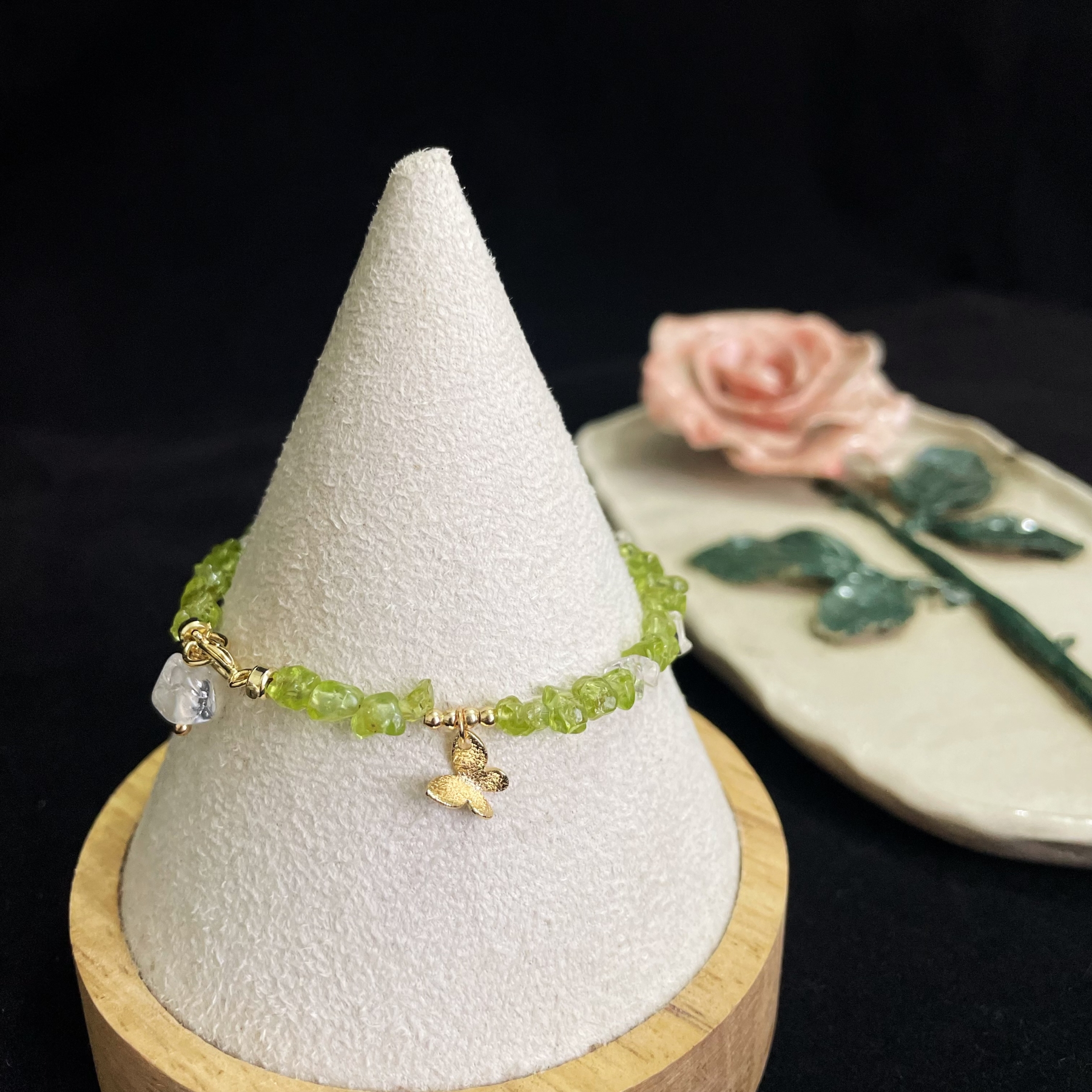 INFP Vitality Bracelet Irregular Peridot & Clear Quartz with Gold Butterfly Charms