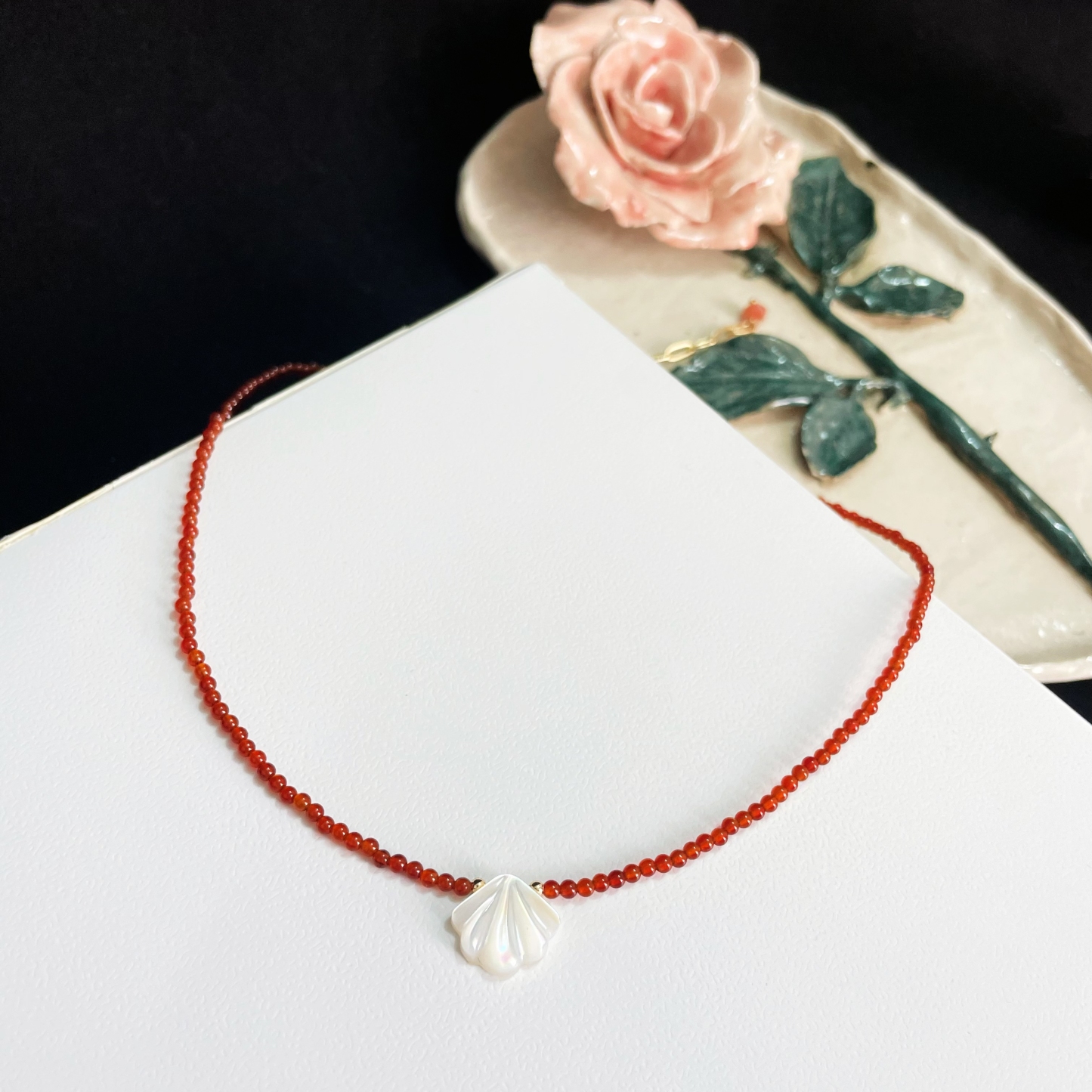 Red Agate and White Shell Charm Necklace