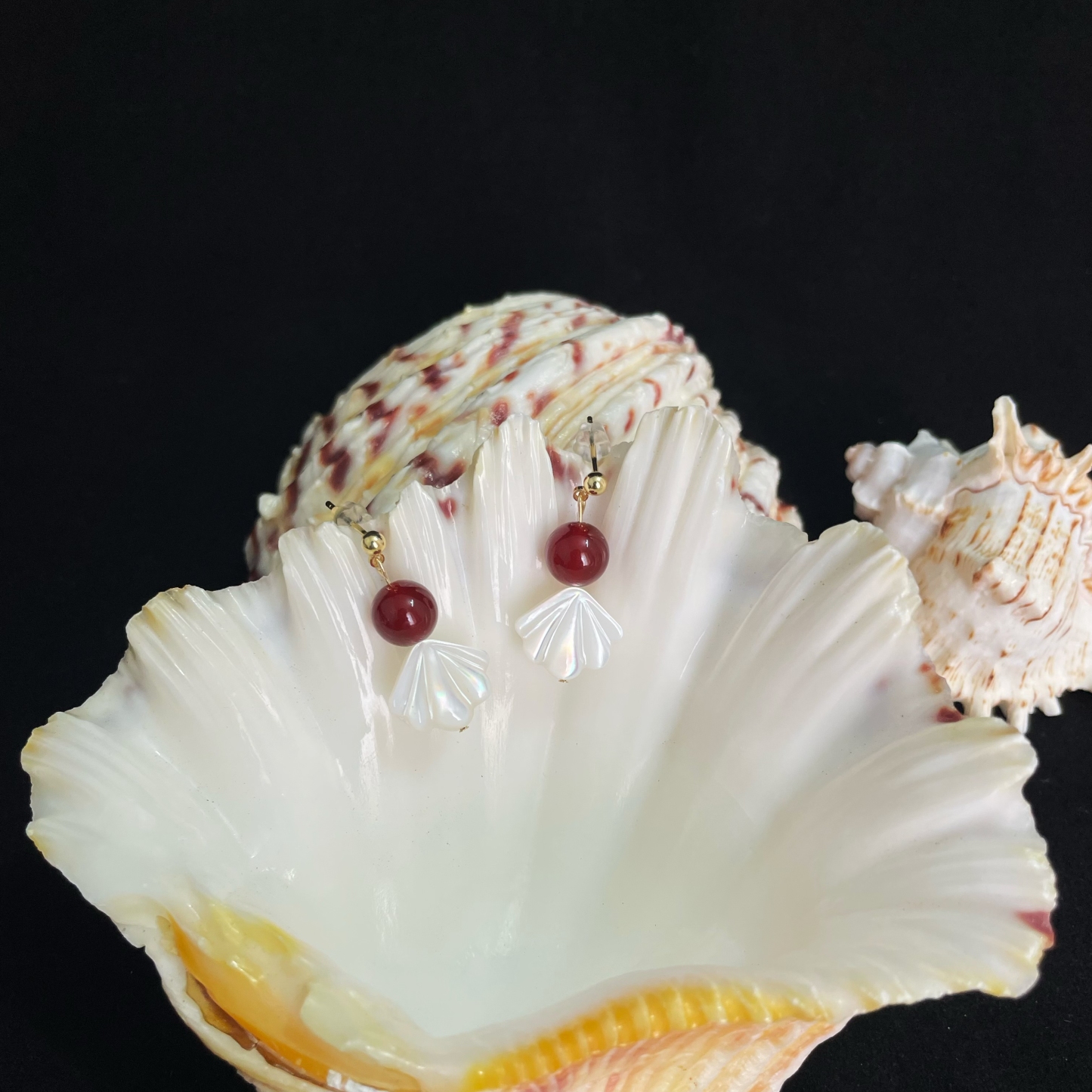 Goldfish Inspired Earrings Red Agate and White Shell Fishtail Design