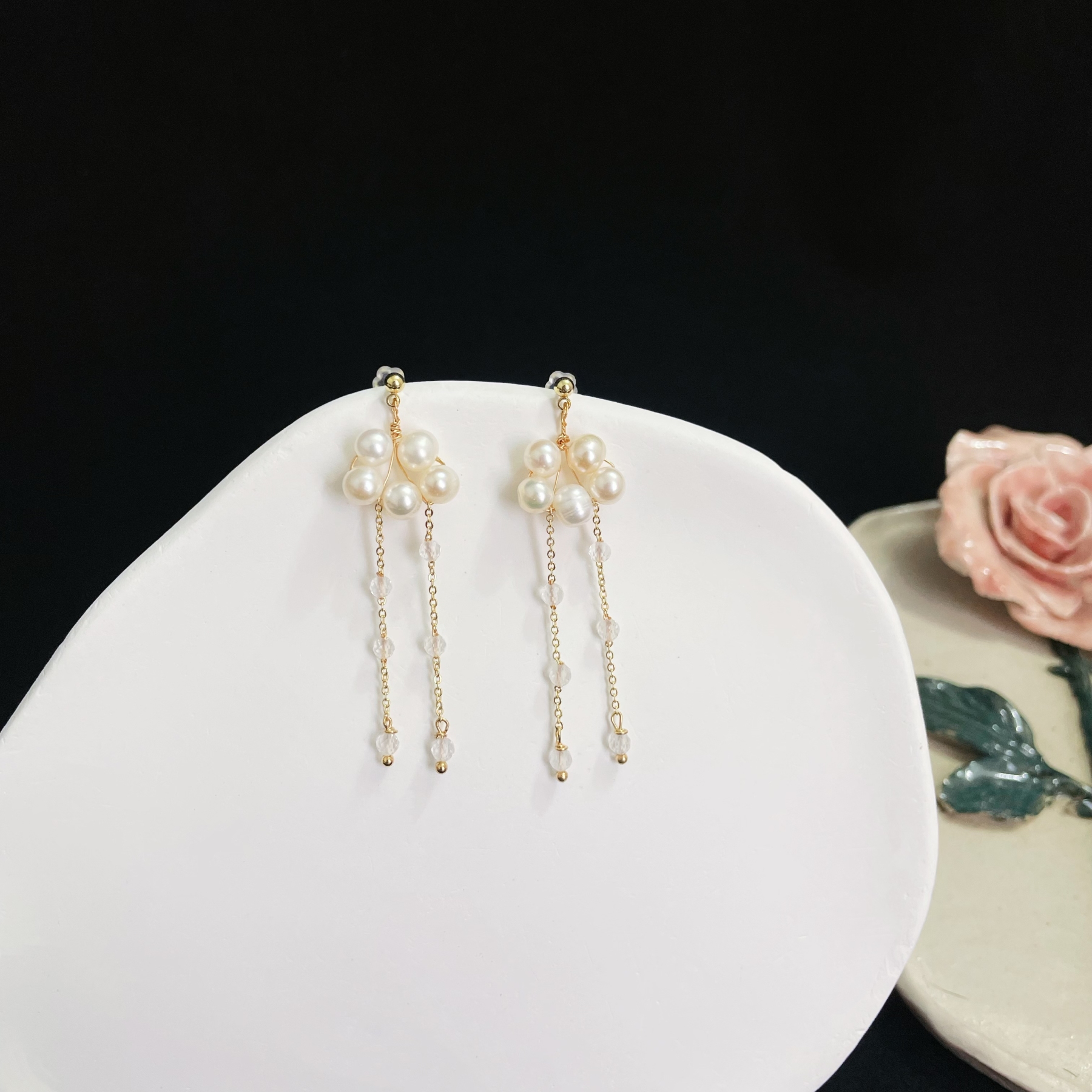 Rainy Cloud Earrings Freshwater Pearl Cloud and Clear Quartz Rain