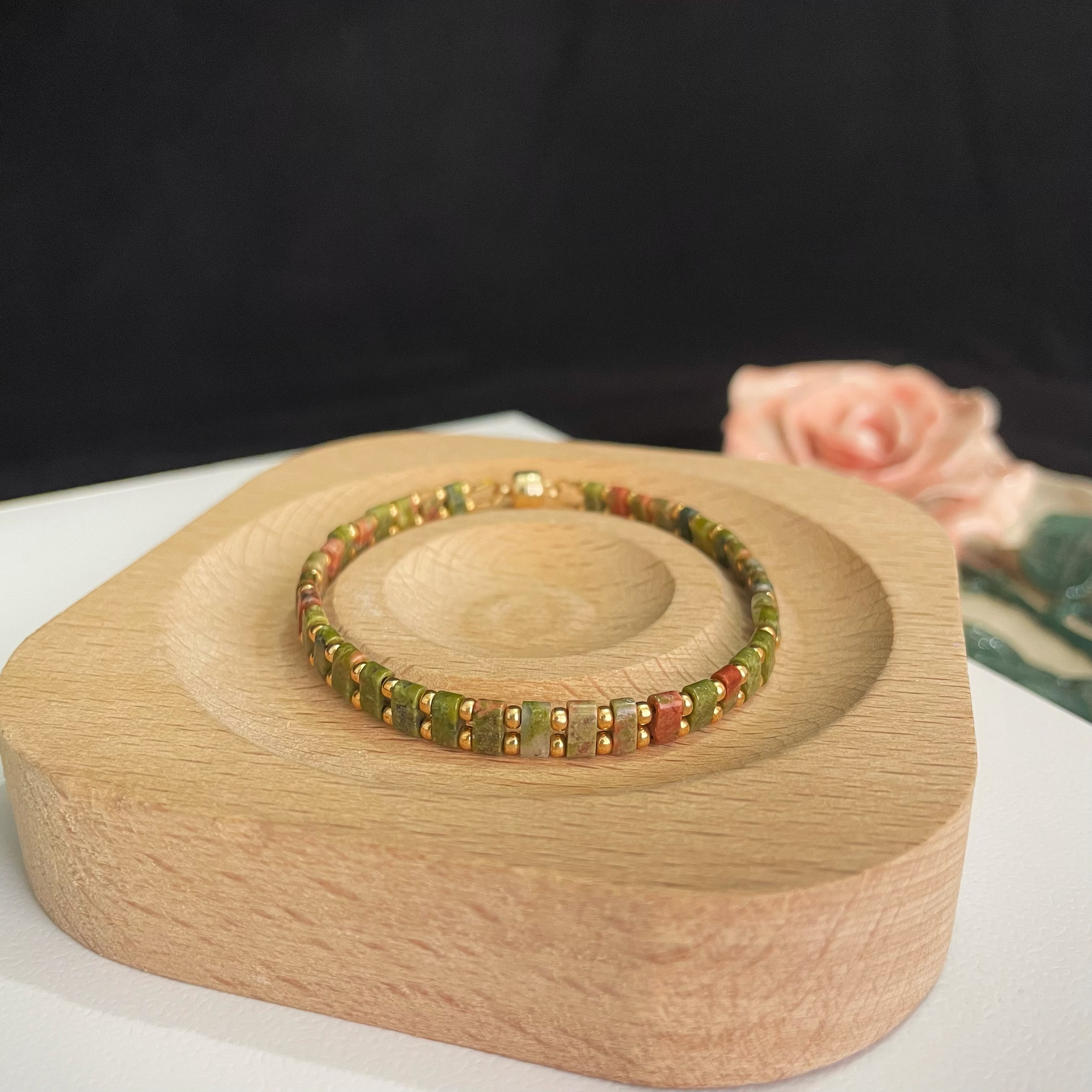 Handcrafted Unakite and Gold Seed Bead Bracelet with Magnetic Buckle