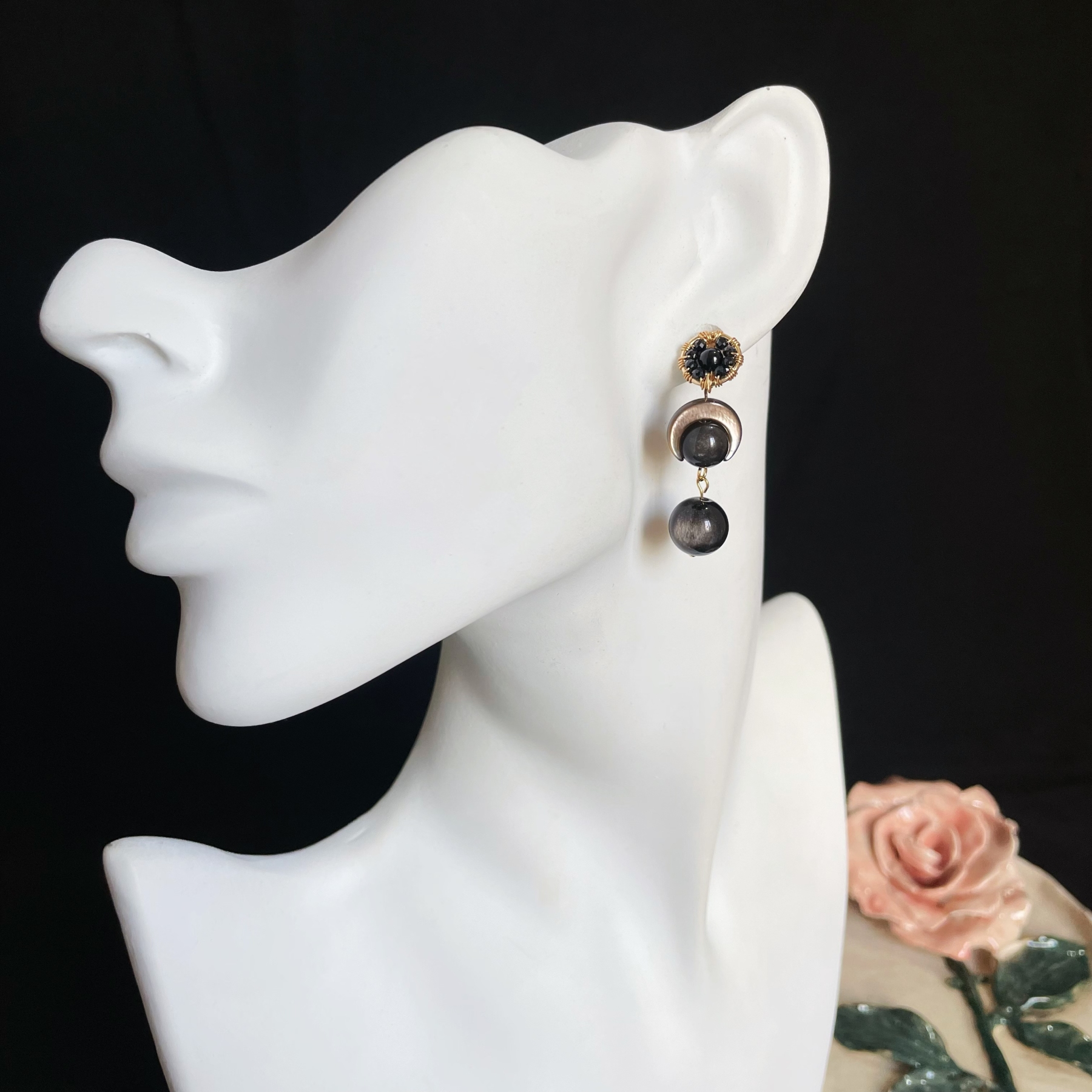 Stunning Three-Layer Black Bead Earrings