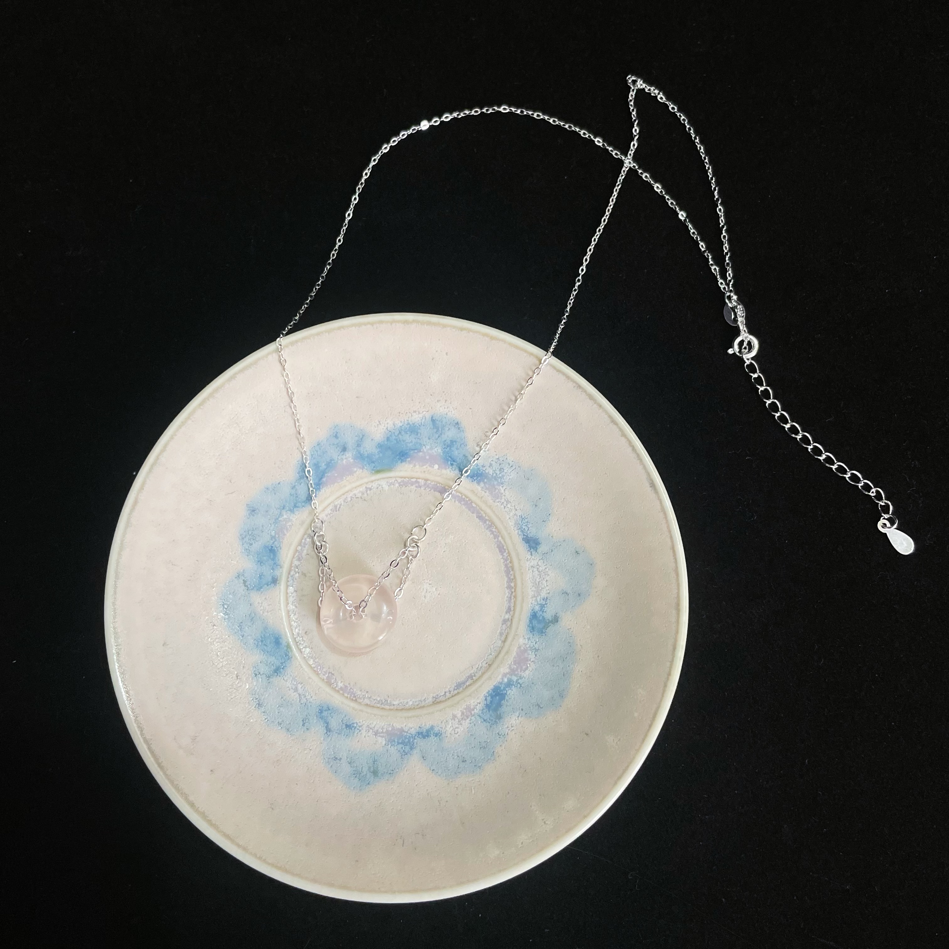 Sweet 925 Sterling Silver Necklace with Mozambique Rose Quartz Doughnut Pendant