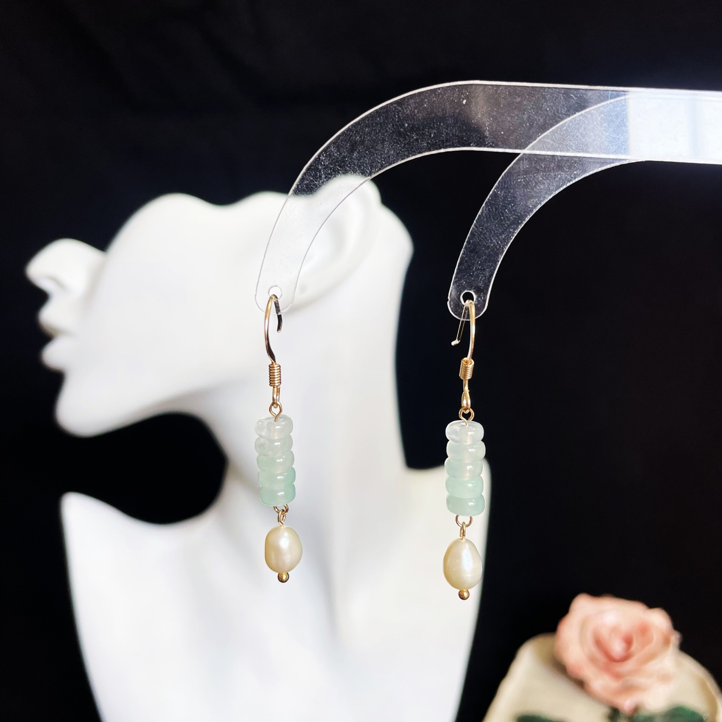 Charming Ice Light Green Jadeite Wheel Beads and Freshwater Pearls Earrings