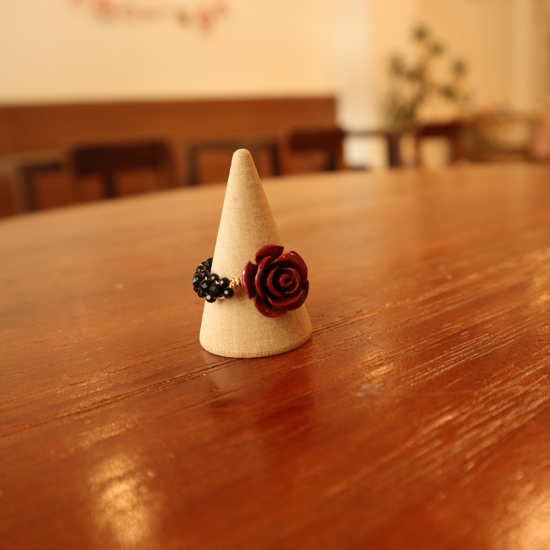 Spinel Faced Beads Woven Lace Ring with Cinnabar Rose Centre