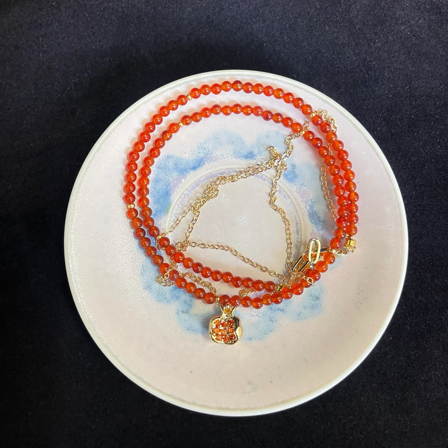 Double Stacked Necklace with Red Agate & Pomegranate Pendant