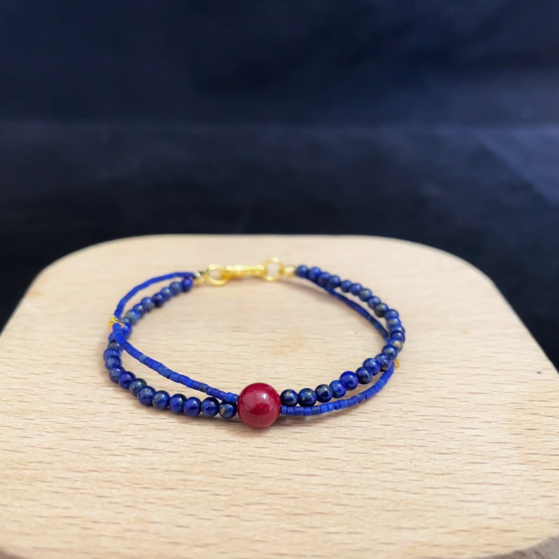Dual Lines Lapis Lazuli Beads Bracelet with Cinnabar Center