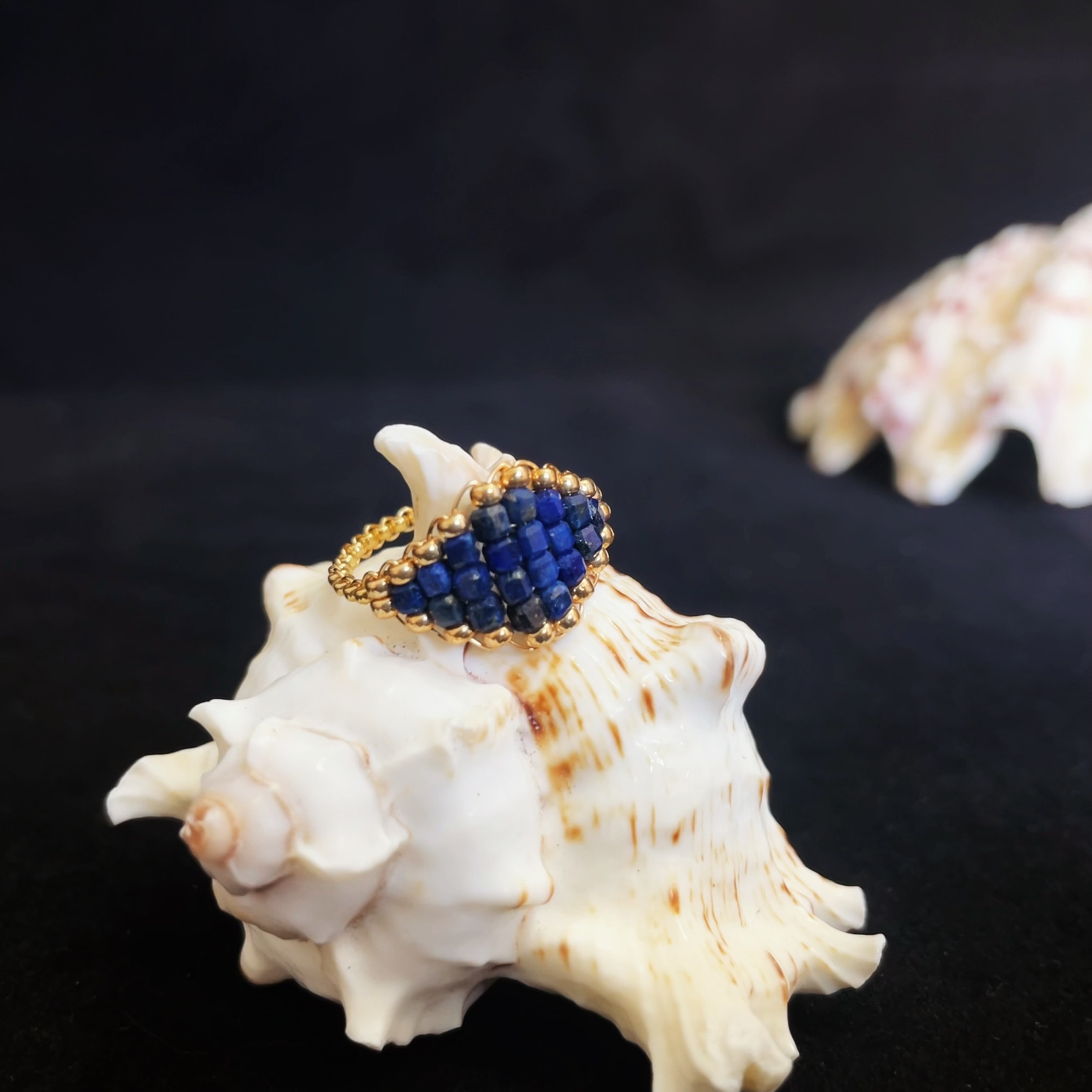 Evil Eye Inspired Lapis Lazuli & Gold Seed Beads Woven Ring