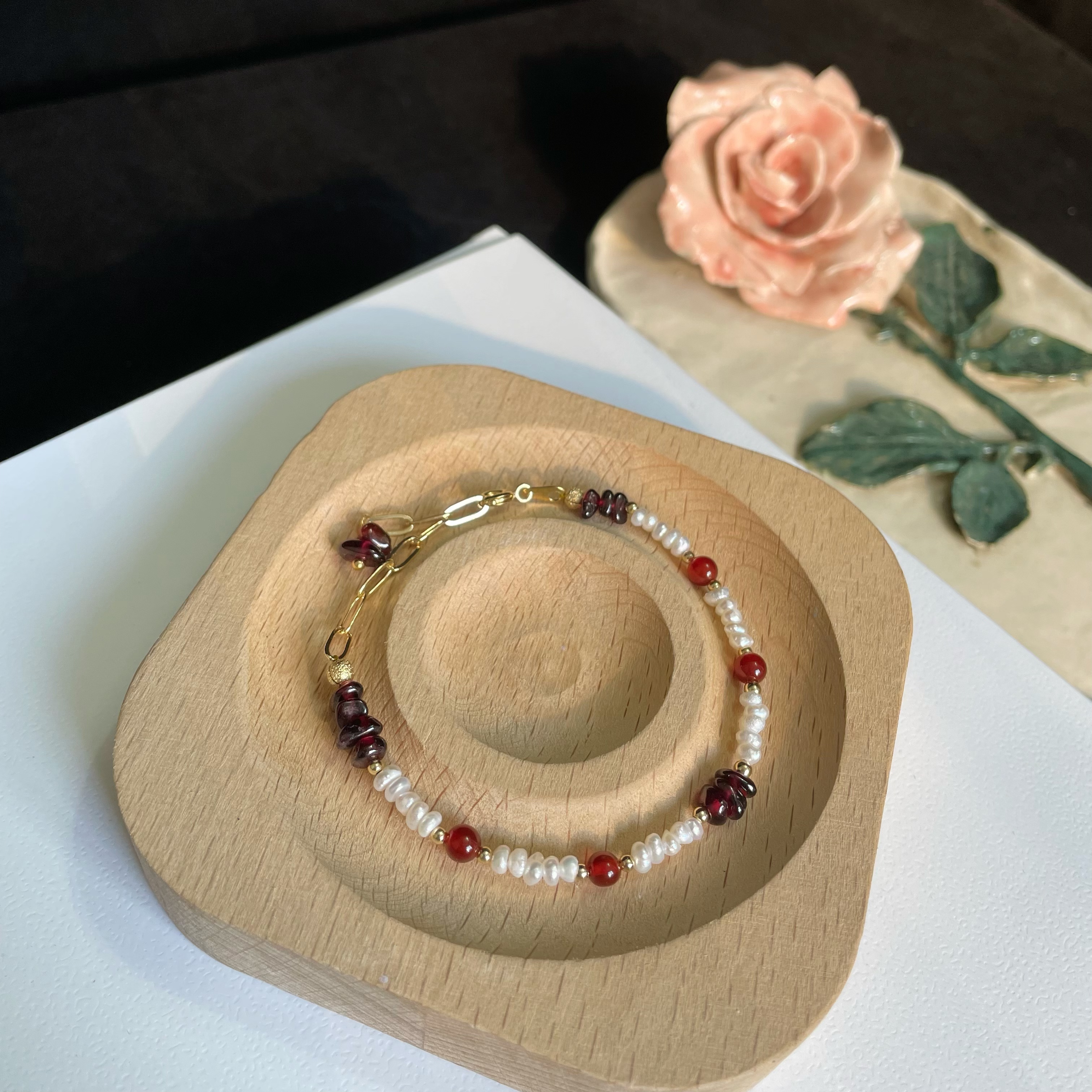 Irregular Garnet Pearls & Red Agate One-Line Bracelet