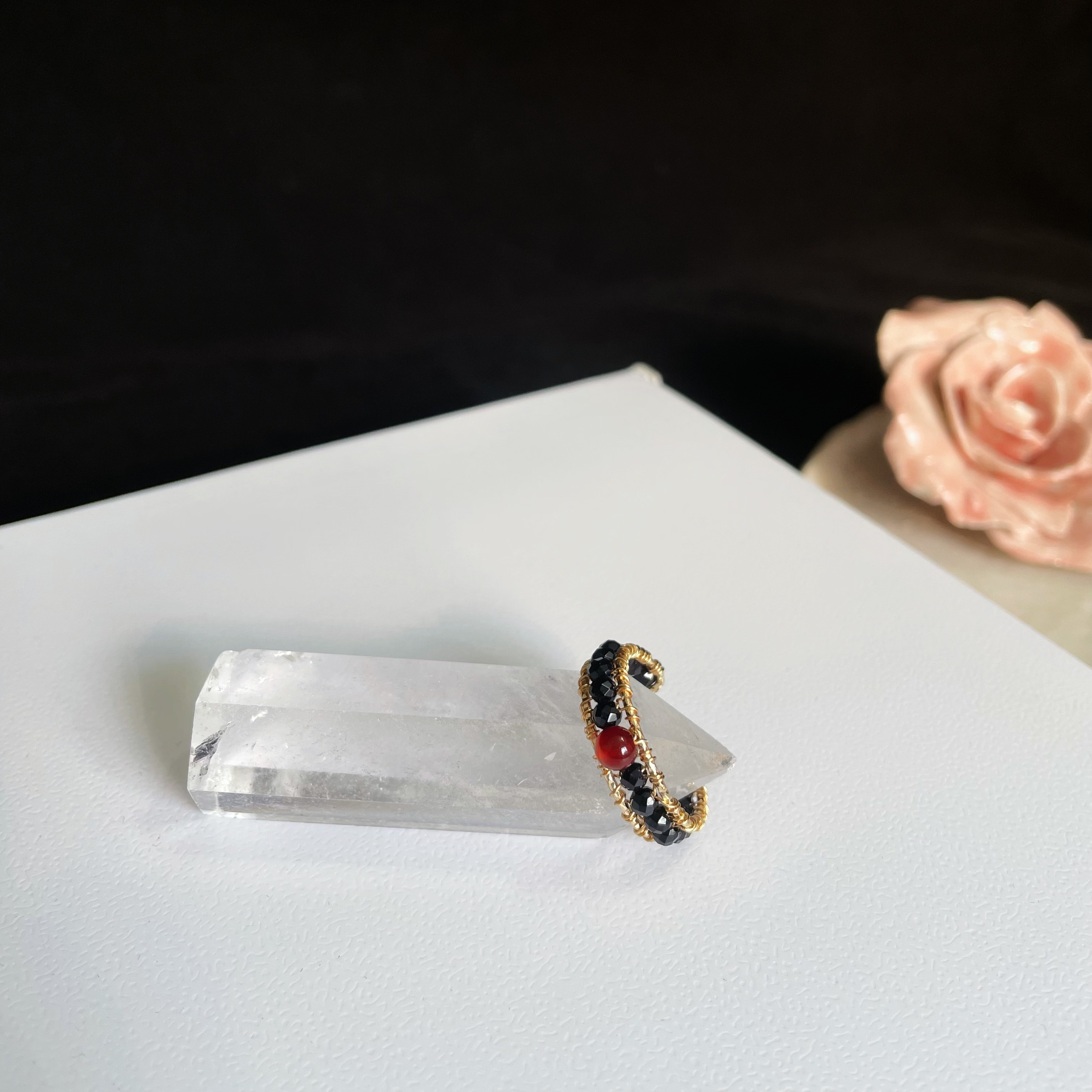 Black Spinel and Red Agate Woven Open Ring