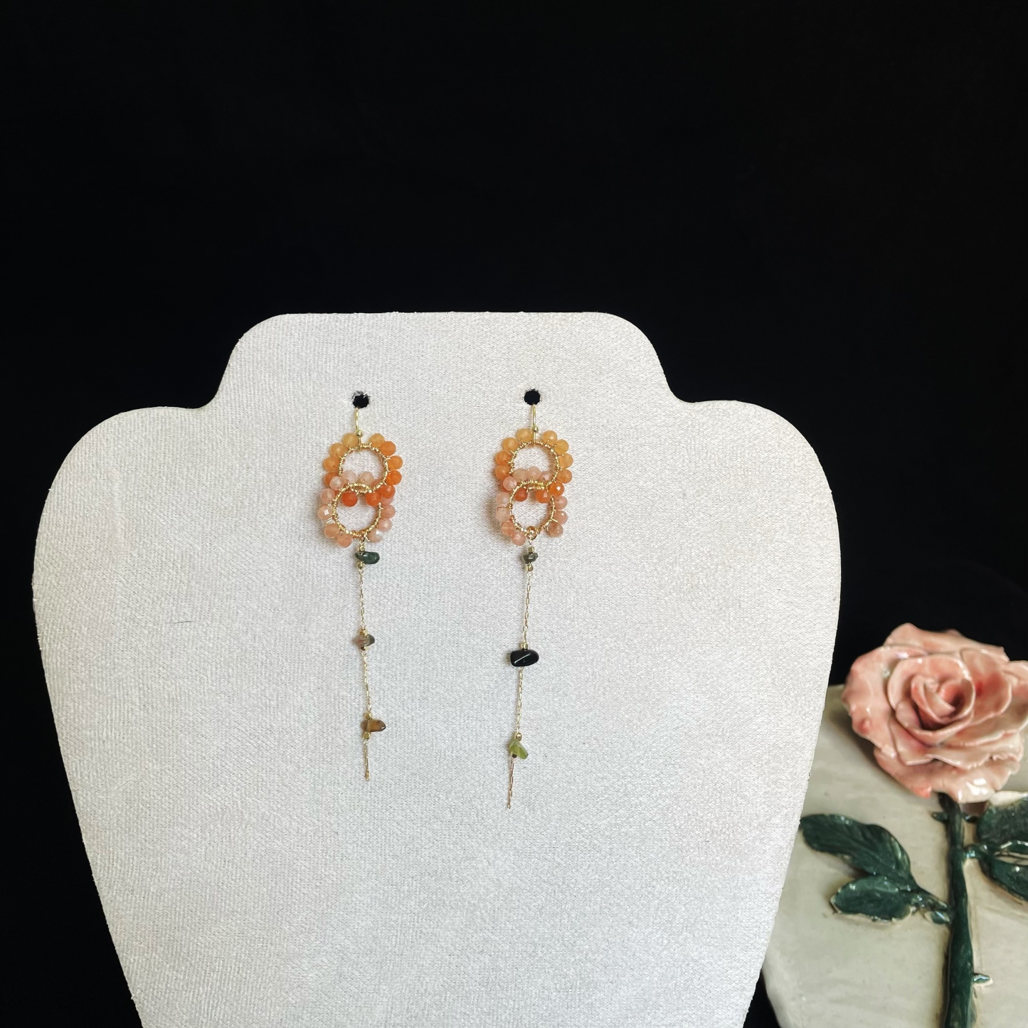 Orange Gemstone Dual Ring Earrings with Tourmaline Raw Stones Chain
