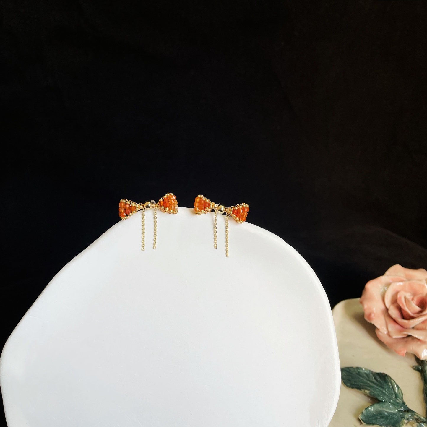 Red Agate Woven Orange-Red Bowknot Stud Earrings