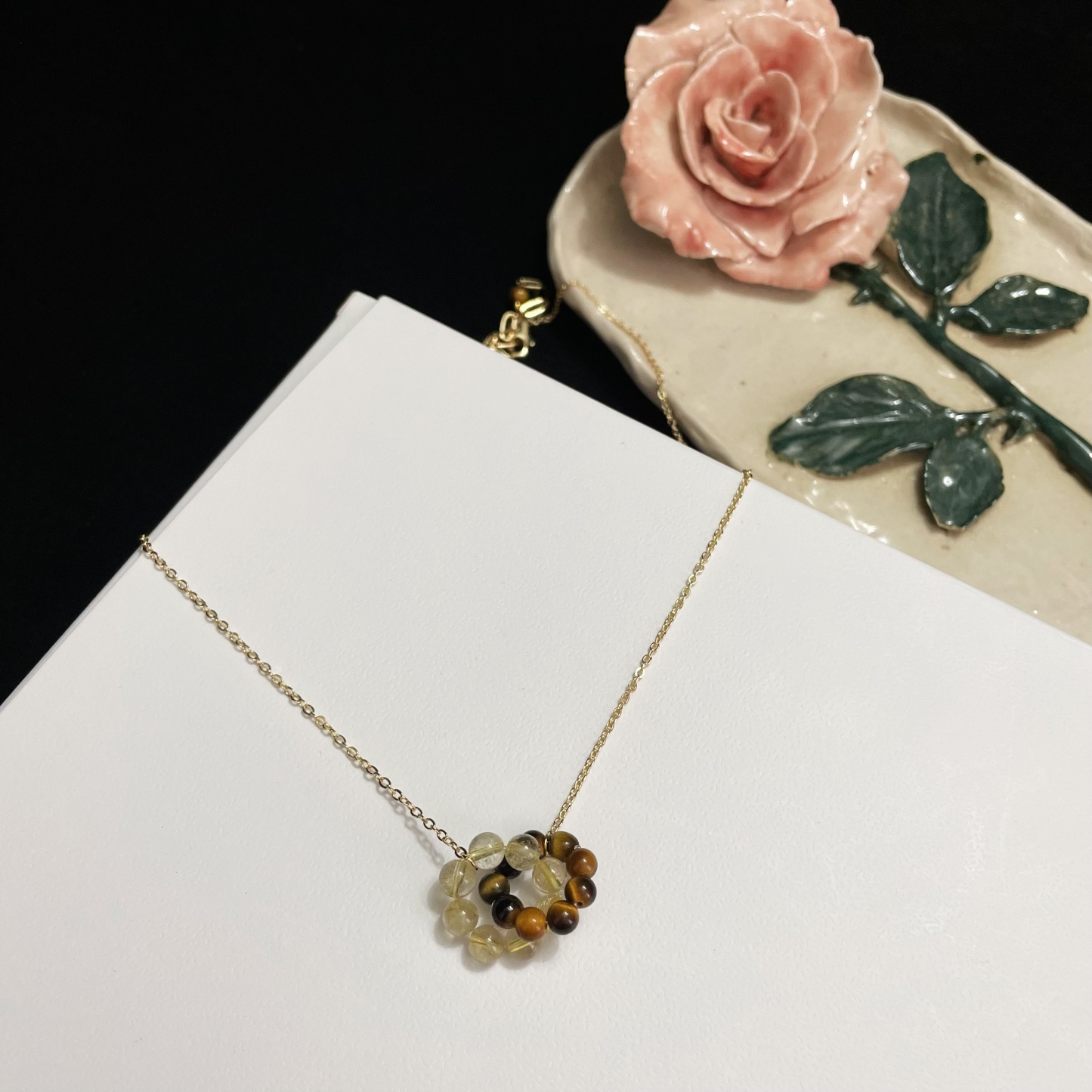 Tiger’s Eye and Gold Rutilated Dual Ring Charms Necklace