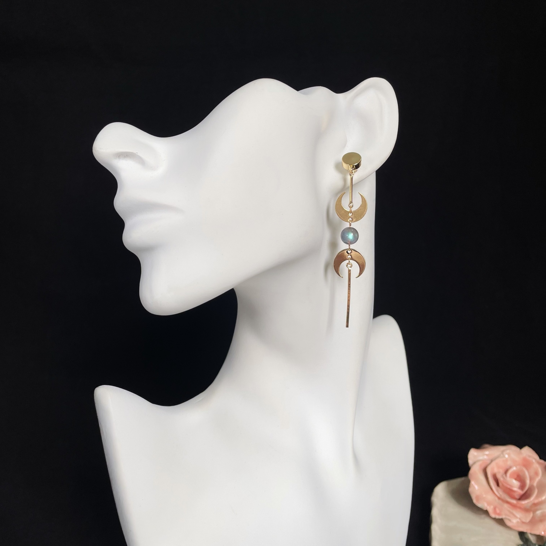 Moons with Labradorite Triple Moon Amulet Inspired Long Earrings