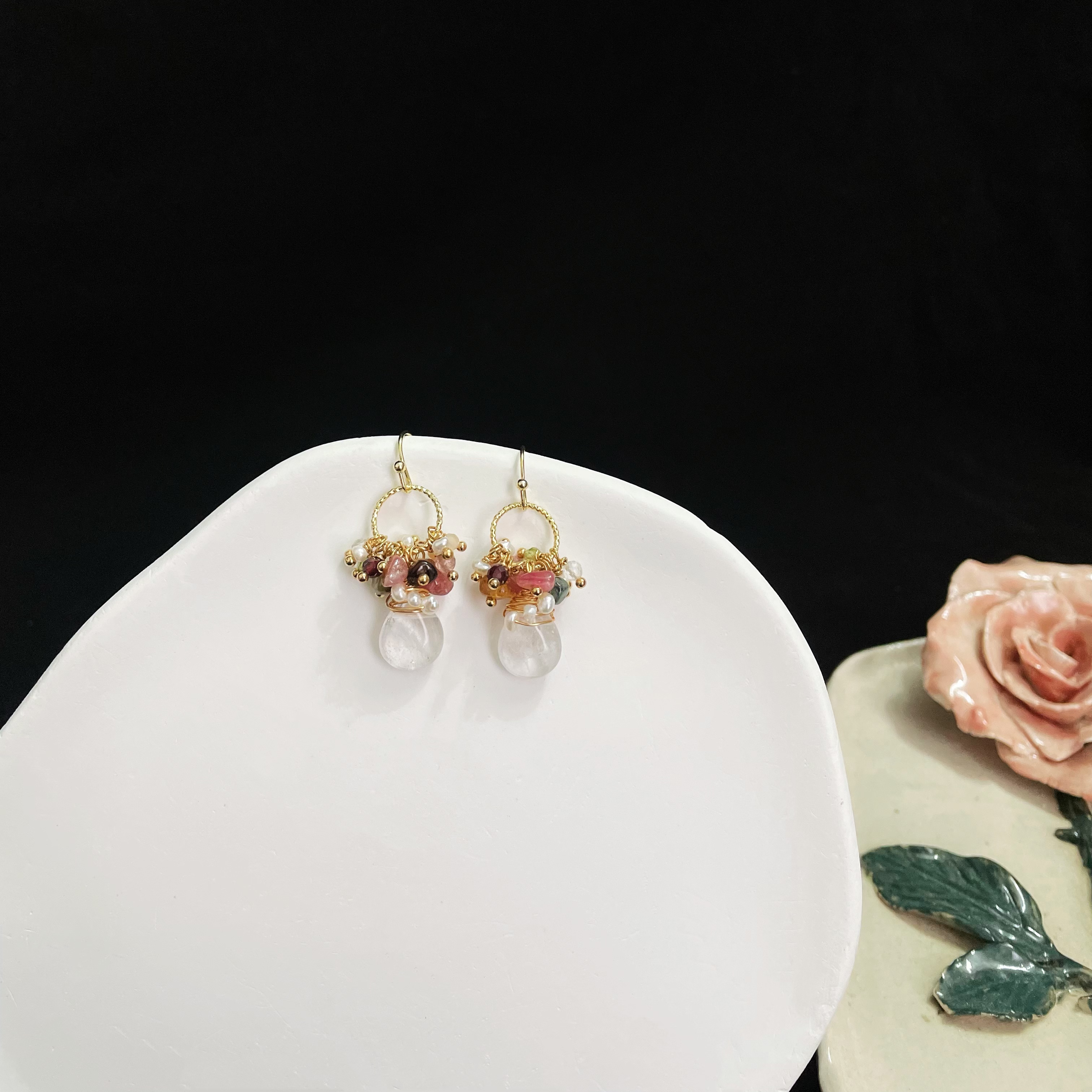 Multi-Gemstone Cluster Earrings with Clear Quartz Drop 