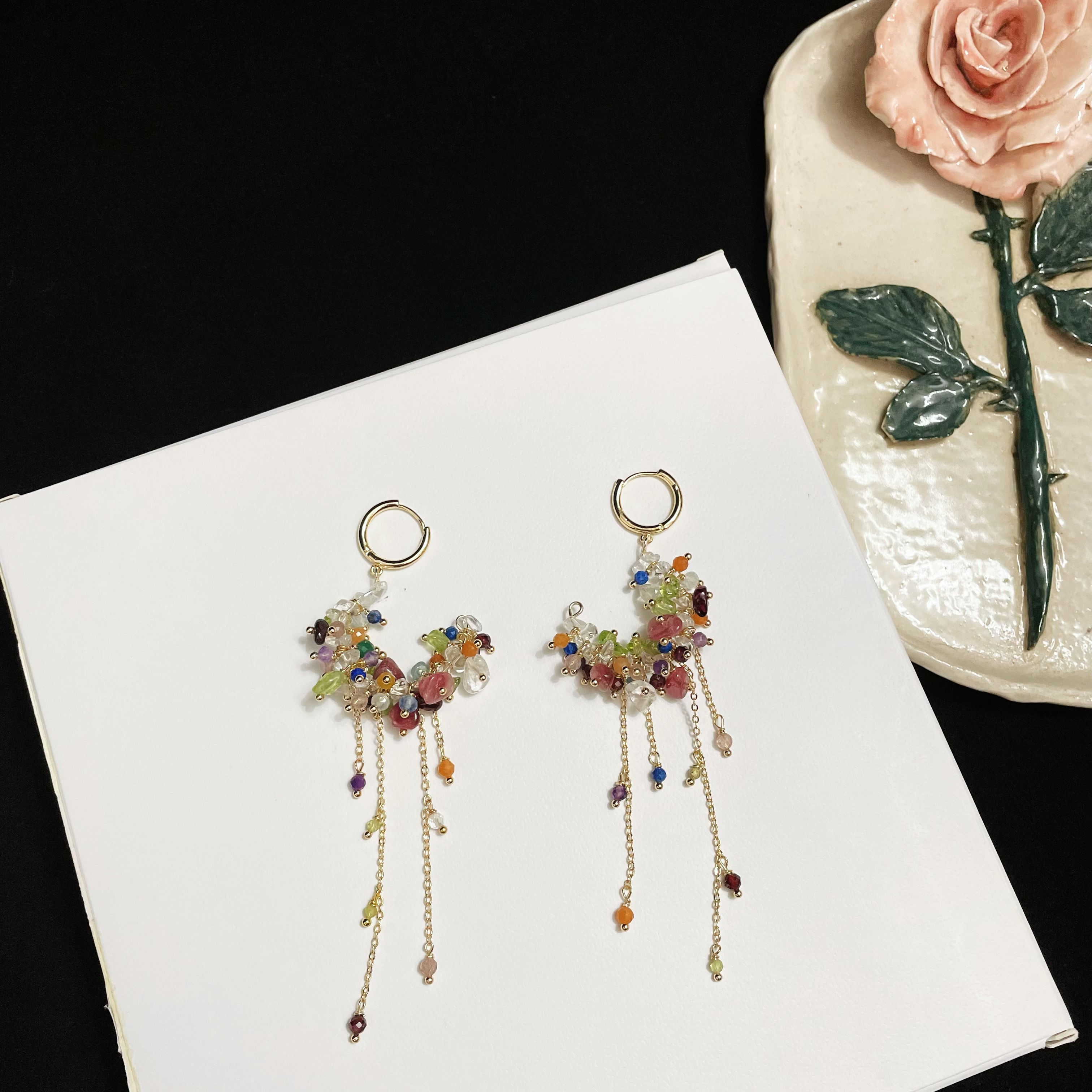 Spring Garden Multiple Gemstone Cluster Loop Earrings with Long Gemstone Chain Tassel