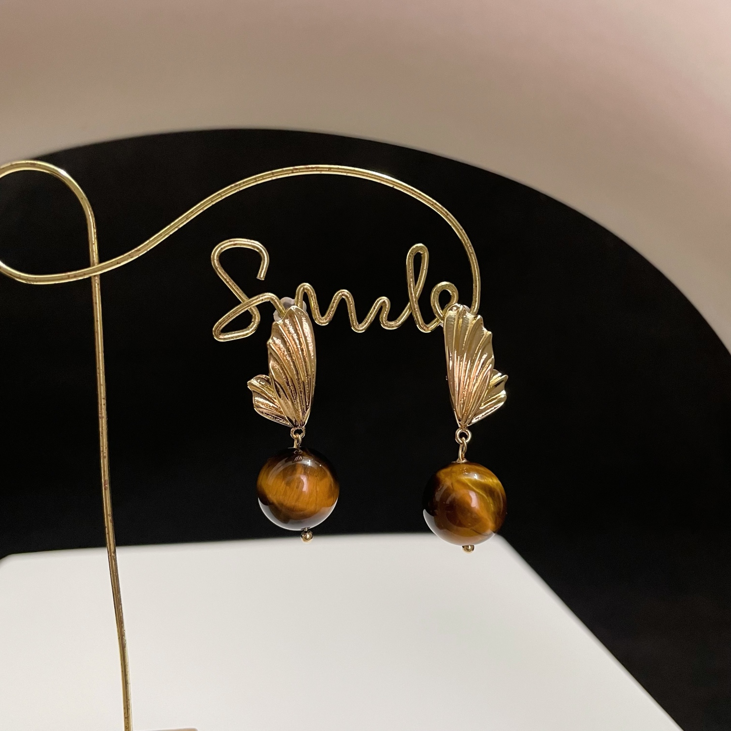 Gold-Plated Wing Hanging with Tiger's Eye Earrings 