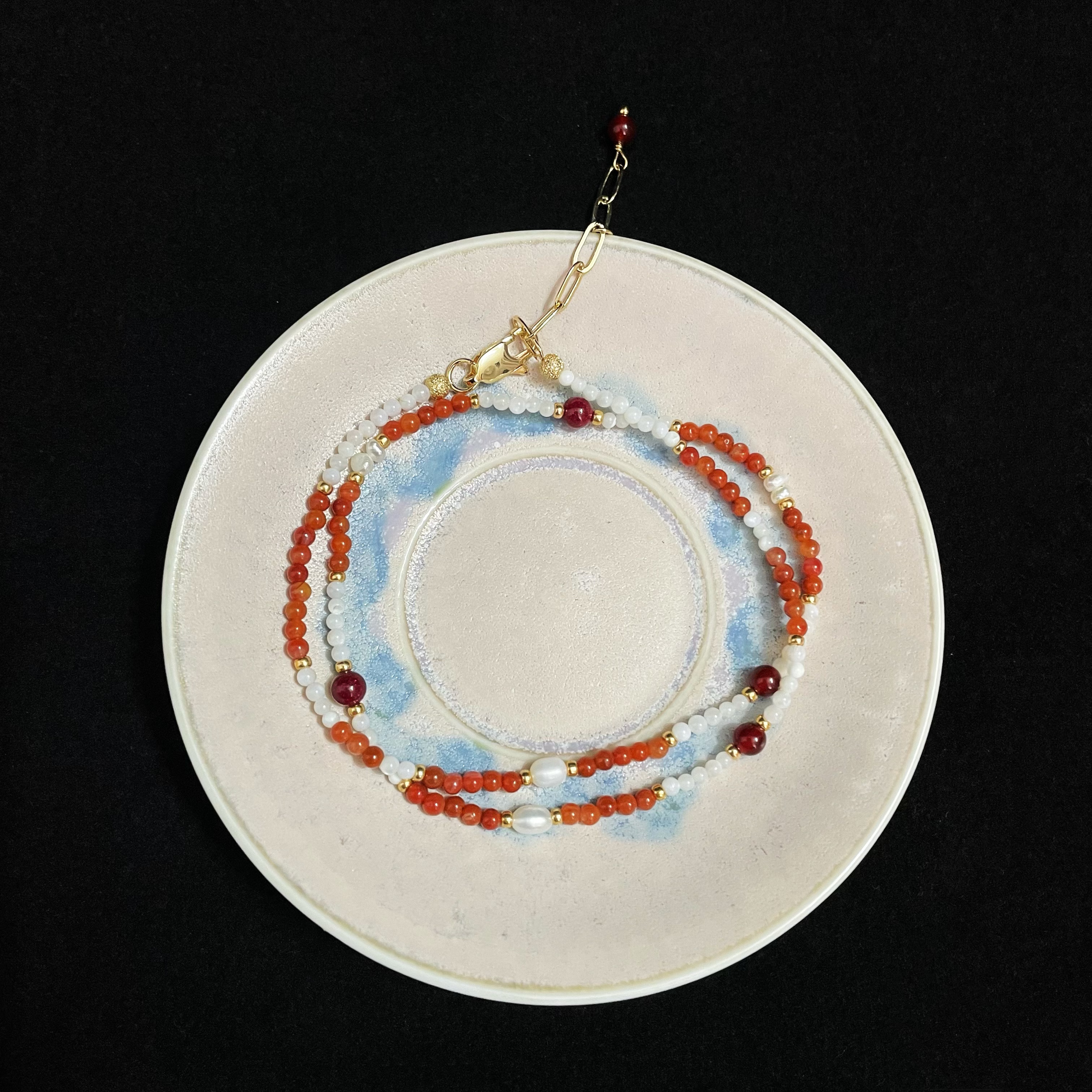 One-Line Beads Necklace with Trochus, Carnelian, Freshwater Pearls & Cinnabar