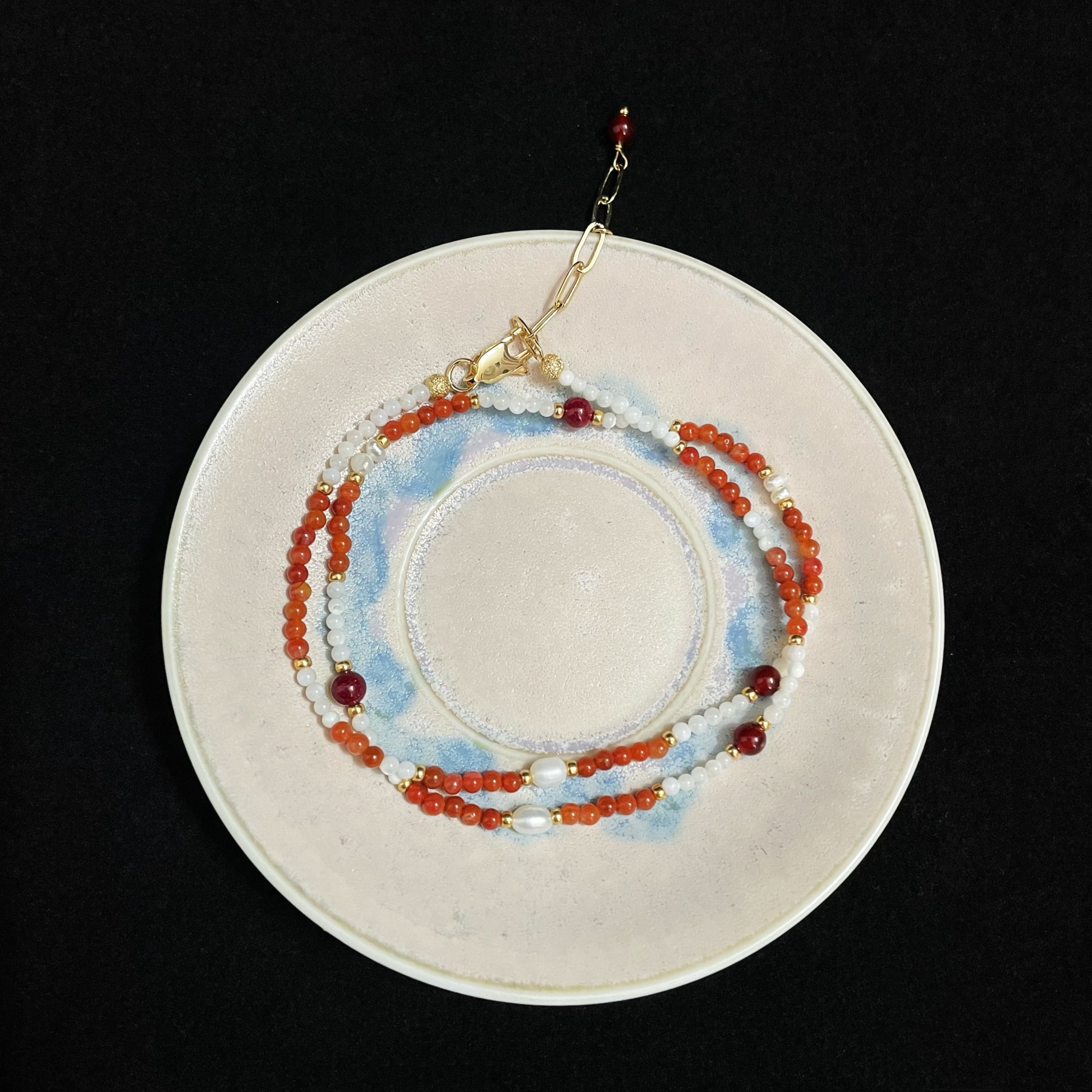 One-Line Beads Necklace with Trochus, Carnelian, Freshwater Pearls & Cinnabar