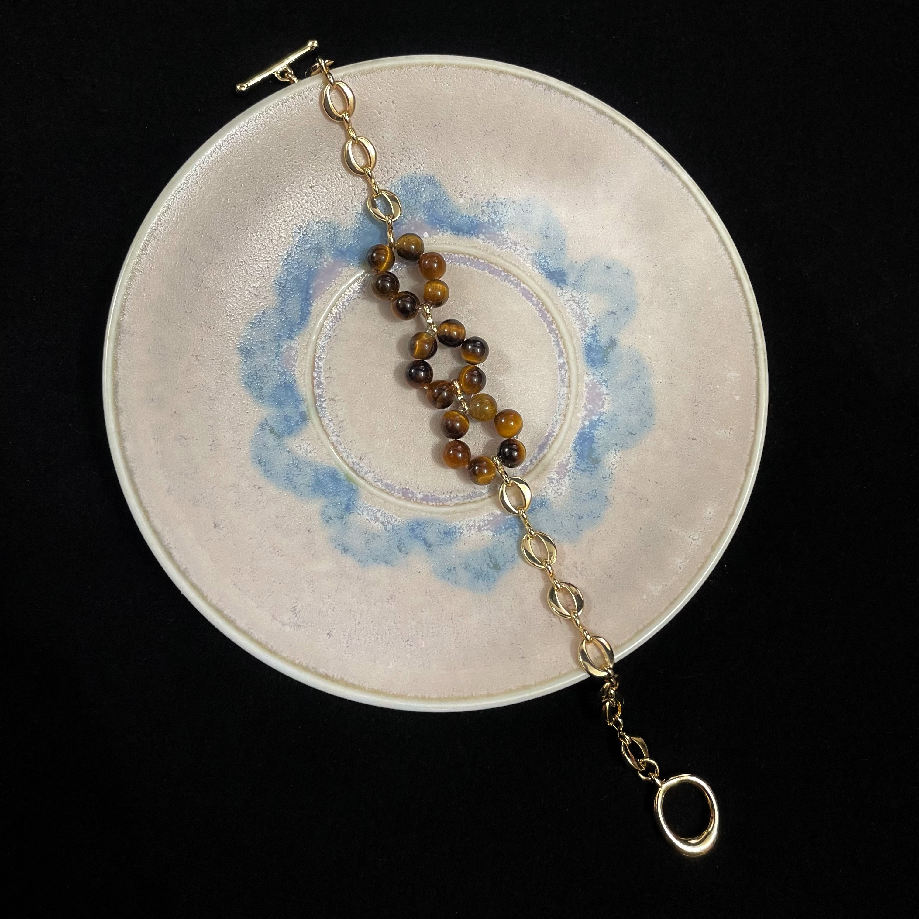 Three Tiger's Eye Beads Rings Center Thick O-Shaped Chain Bracelet