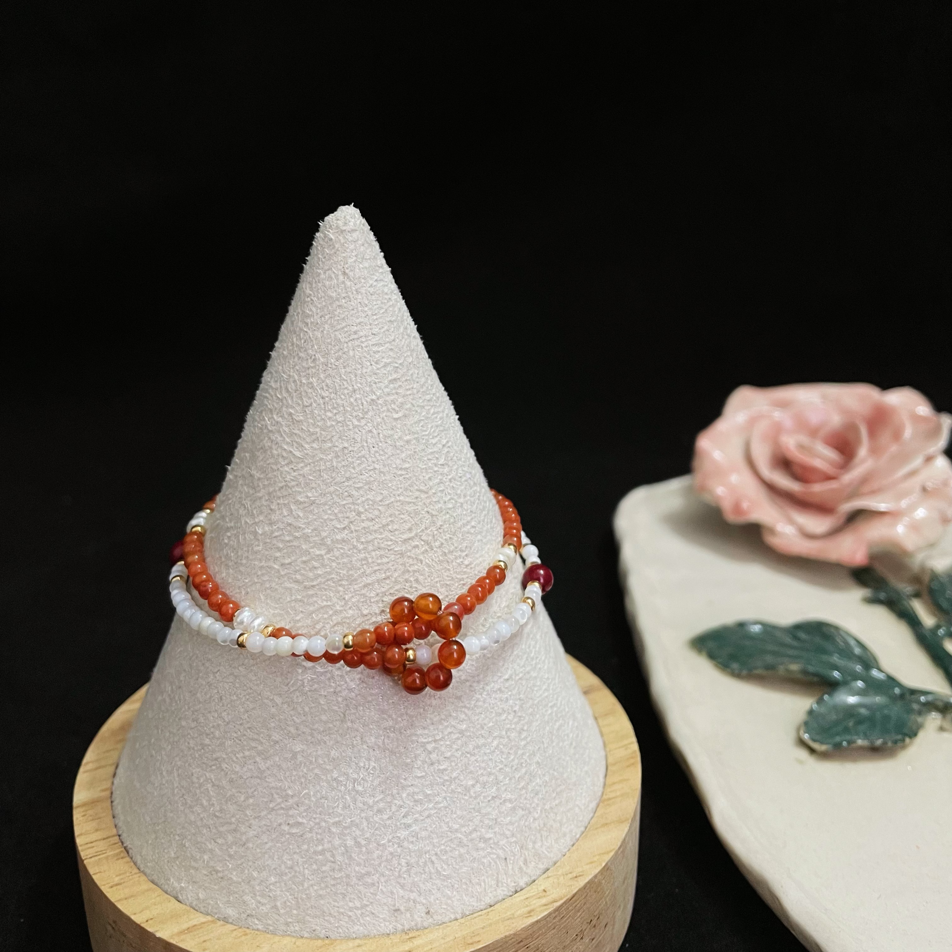 Dual-Line Multi Gemstone Bracelet with Trochus, Carnelian, Pearls, and Cinnabar