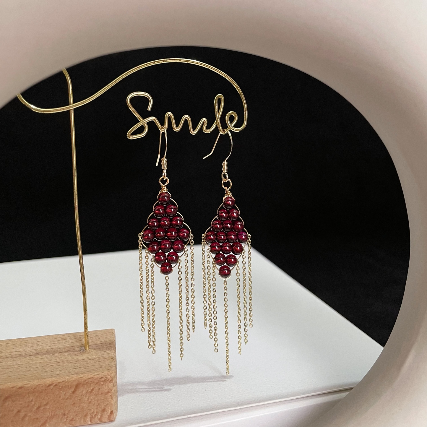Wine Red Garnet Woven Rhombus with Tassels Earrings
