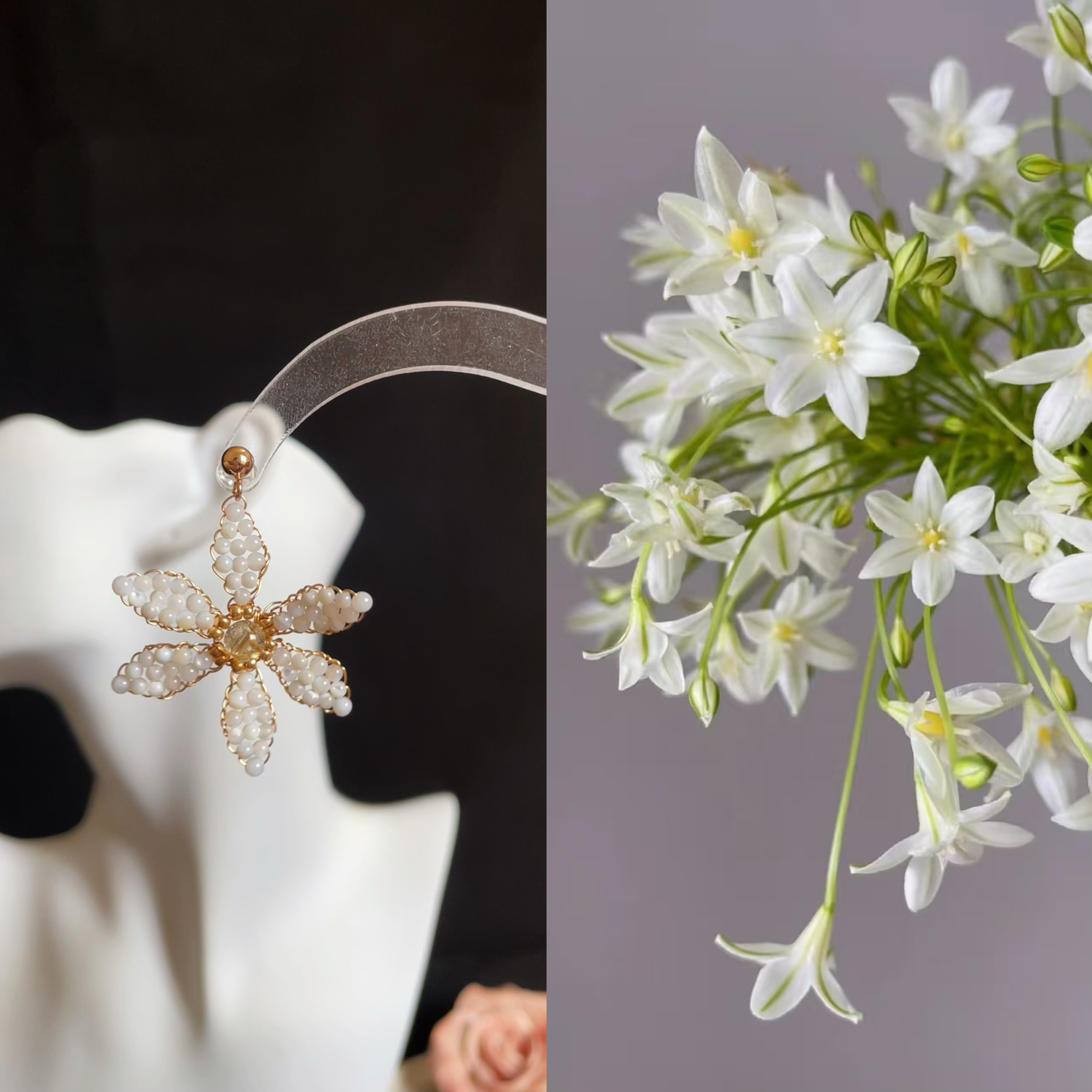 White Triteleia Laxa Inspired Earrings with Gold Rutilated Quartz Center