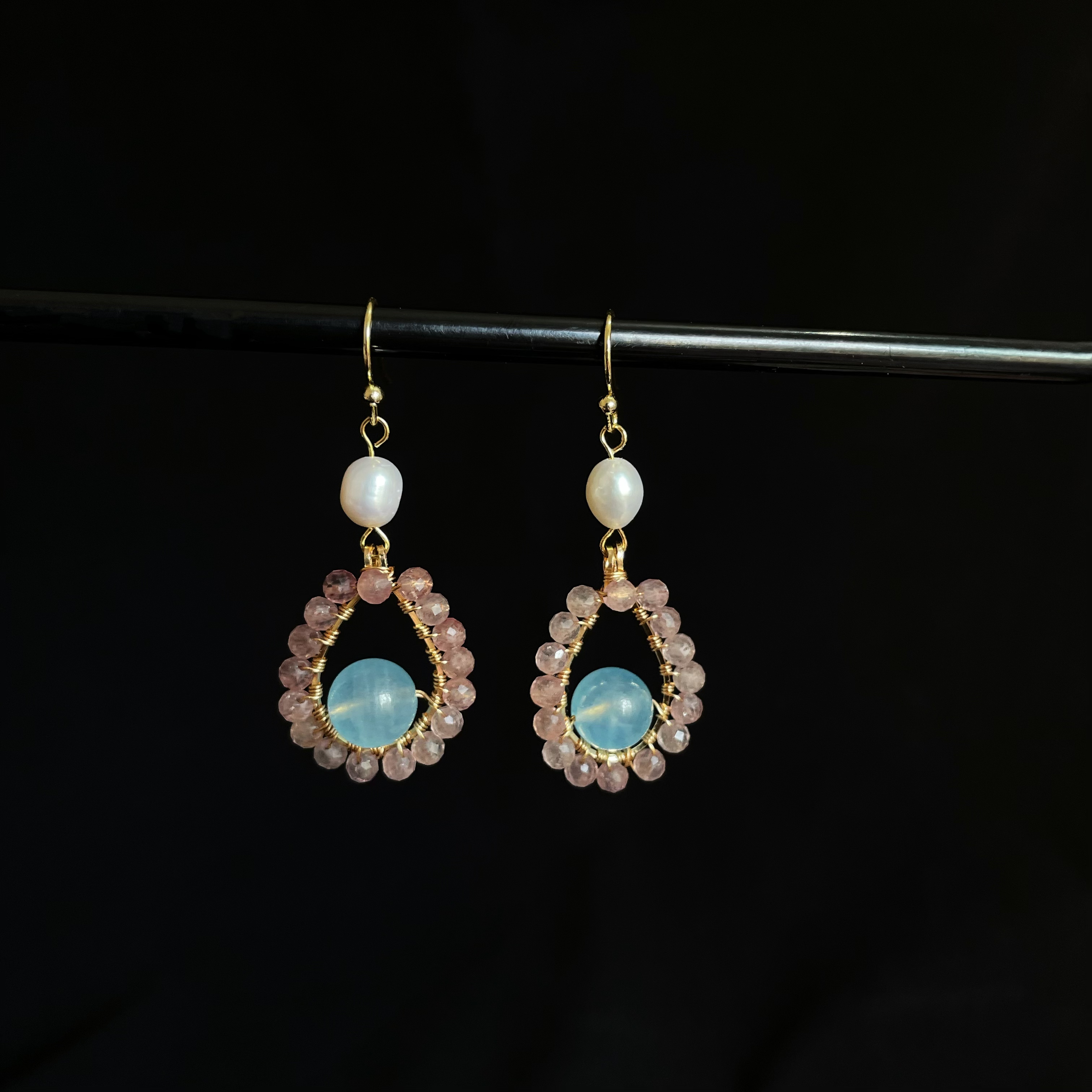 Strawberry Quartz and Aquamarine Teardrop Earrings