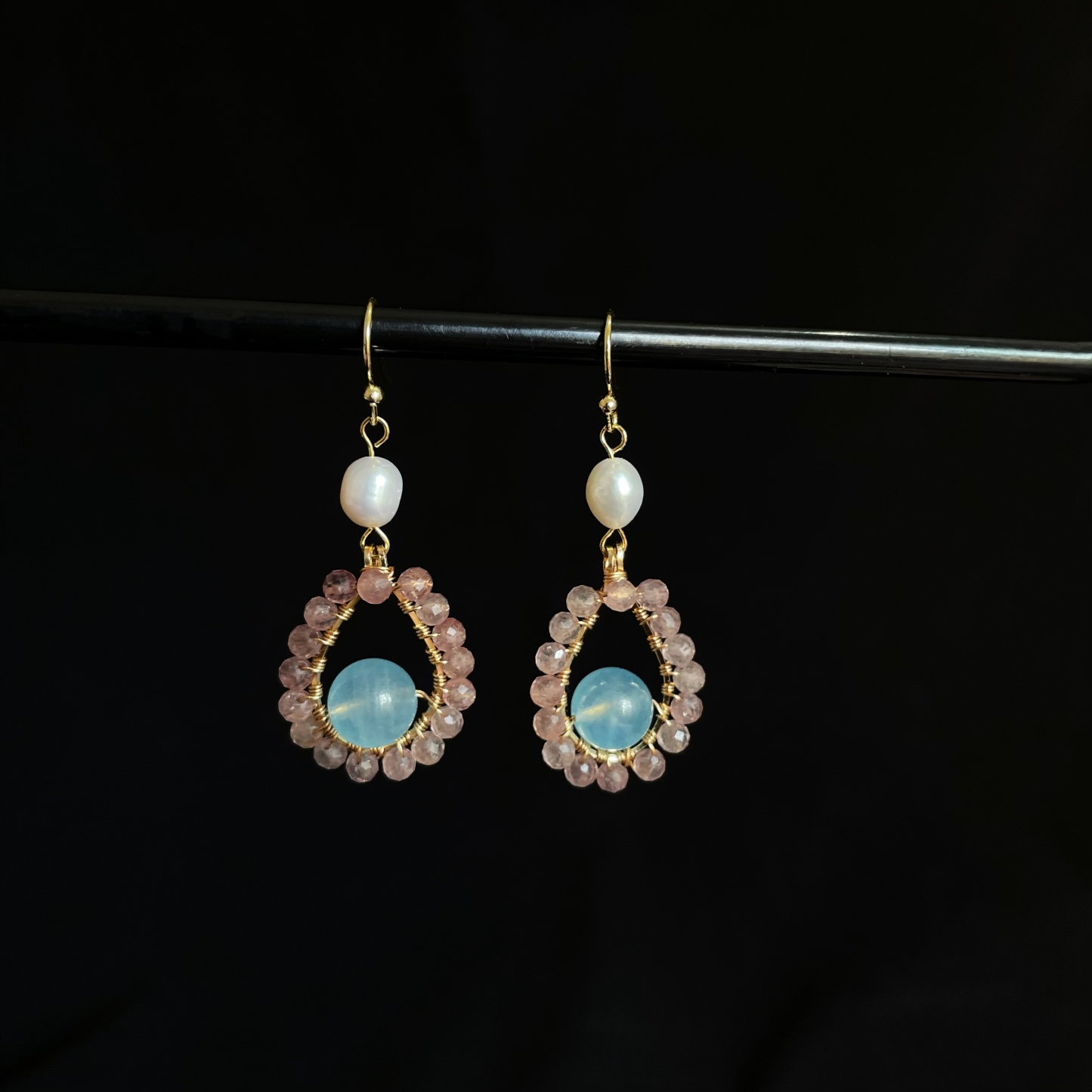 Strawberry Quartz and Aquamarine Teardrop Earrings
