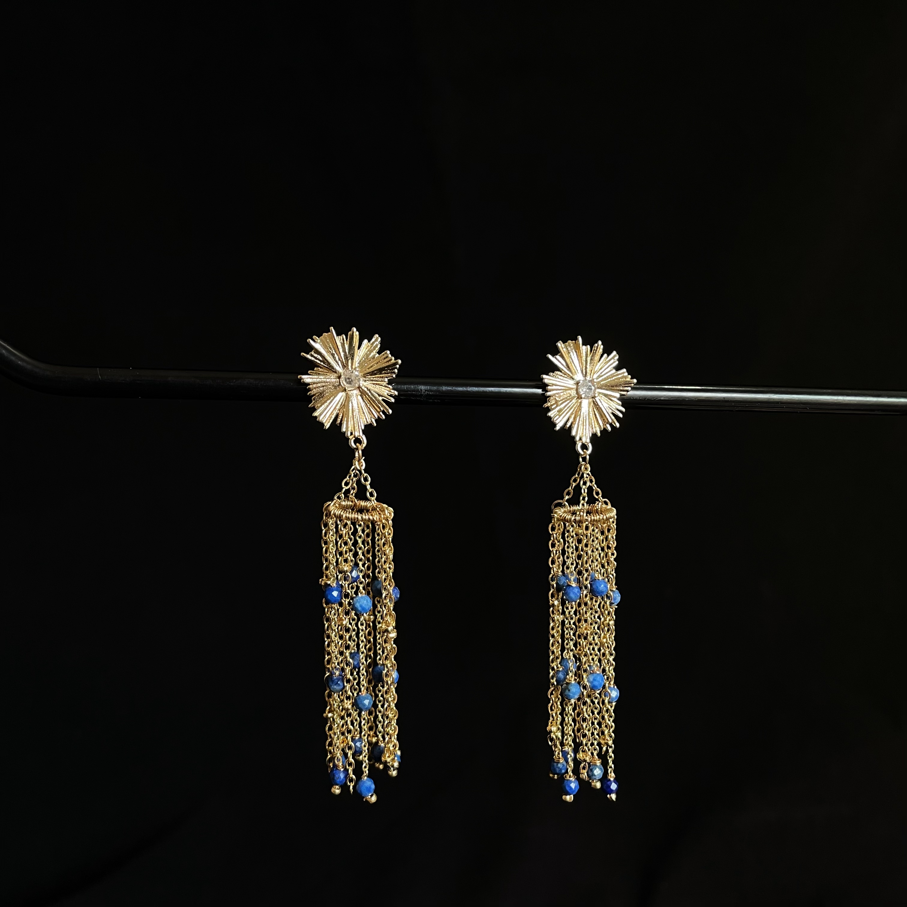 Golden Sunflower Lapis lazuli Tassel Earrings