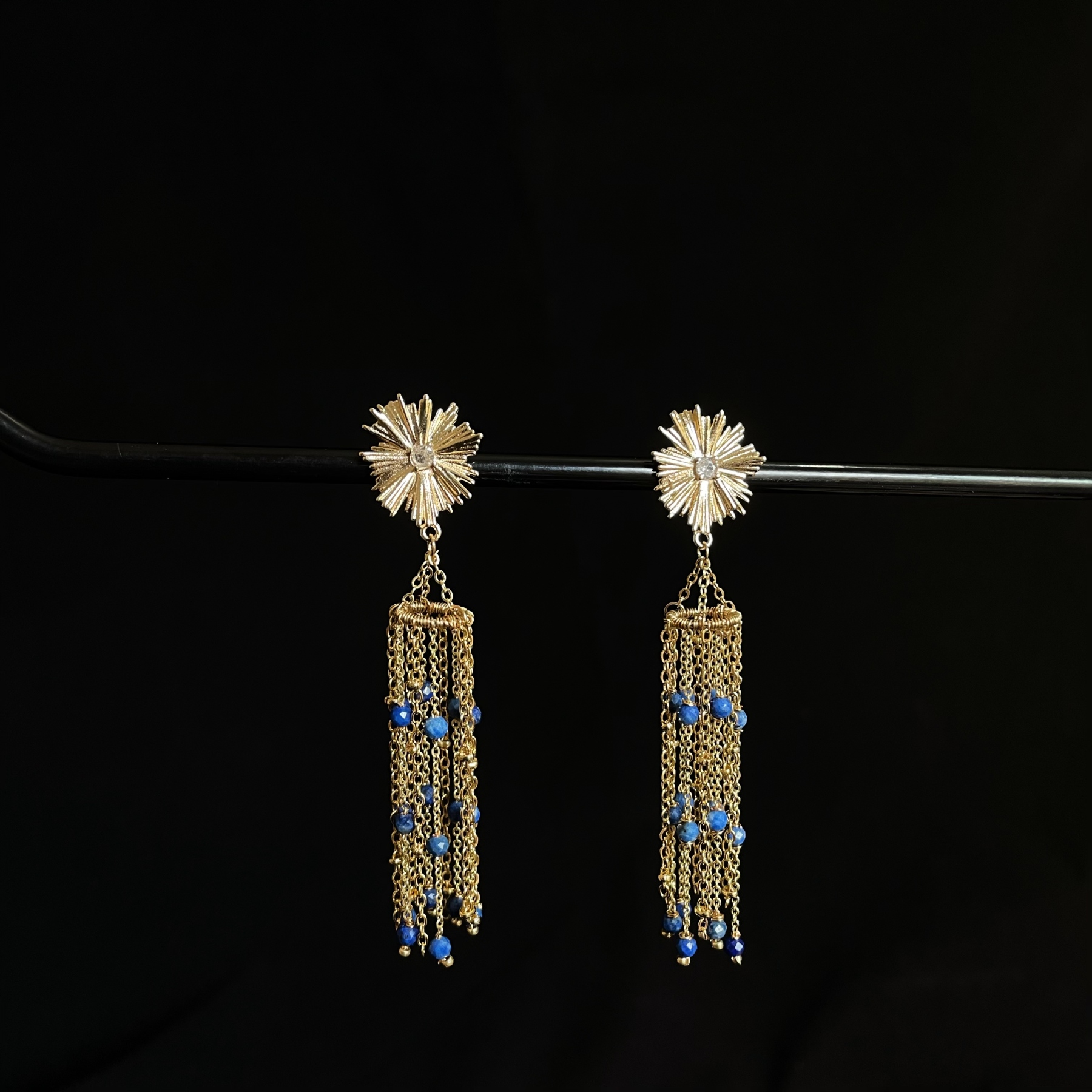 Golden Sunflower Lapis lazuli Tassel Earrings