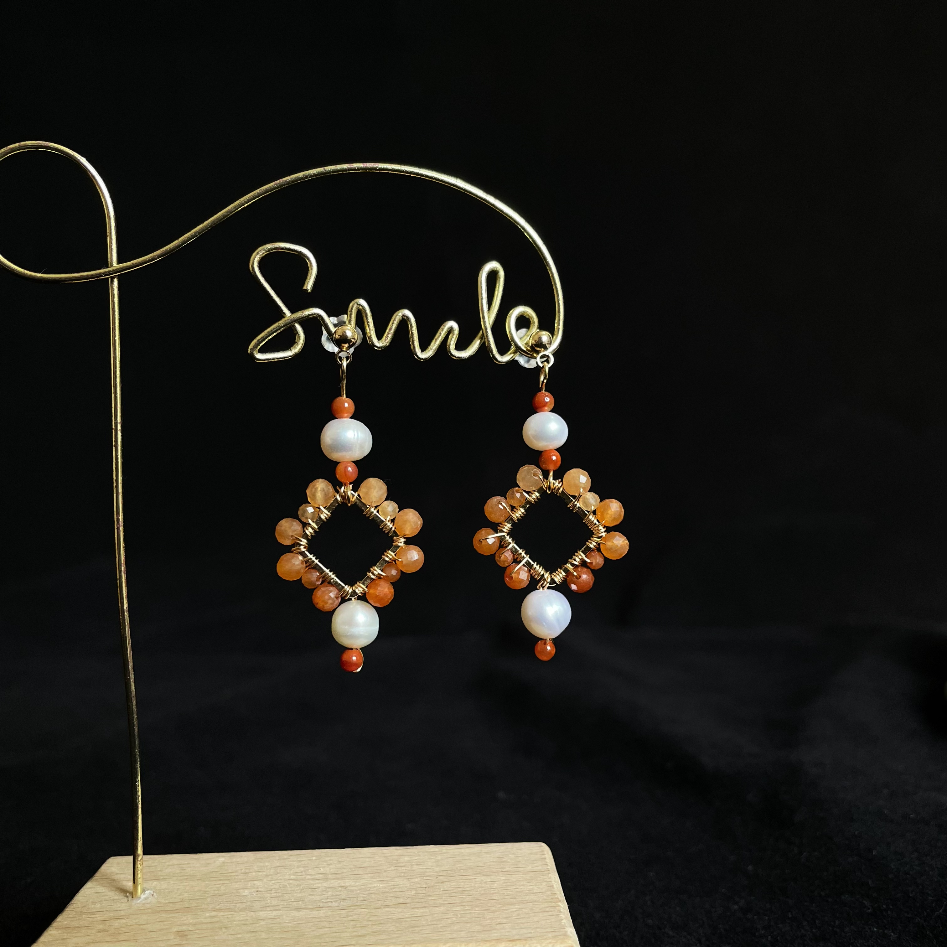 Red Aventurine woven Rhombus with Pearls Earrings