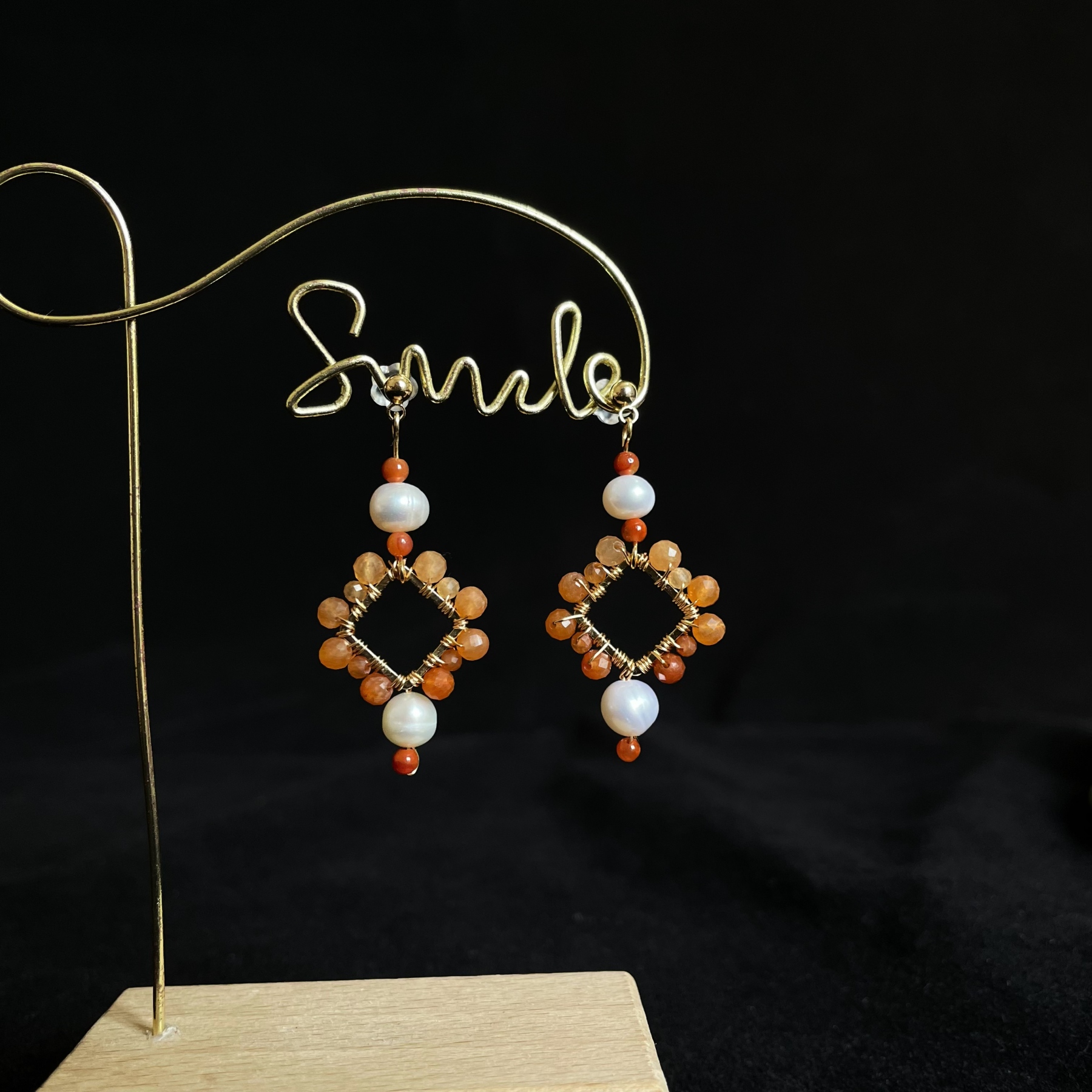 Red Aventurine woven Rhombus with Pearls Earrings