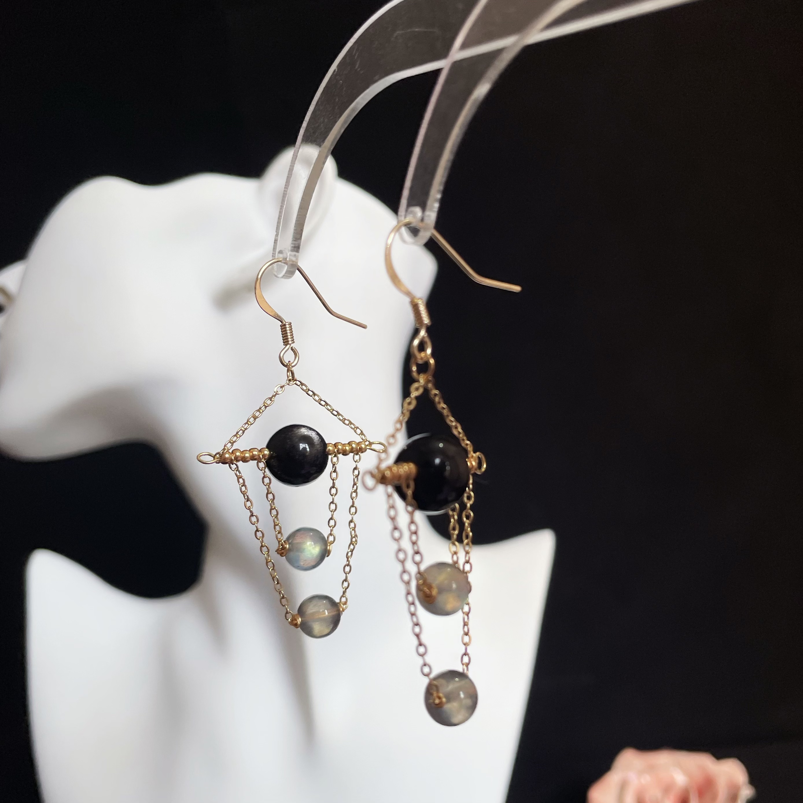 Silver Obsidian and Labradorite Swing Earrings