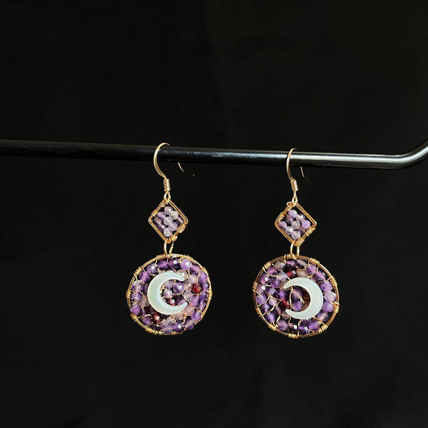 Last Summer's Moon Amethyst woven with Mother-of-pearl moon Earrings